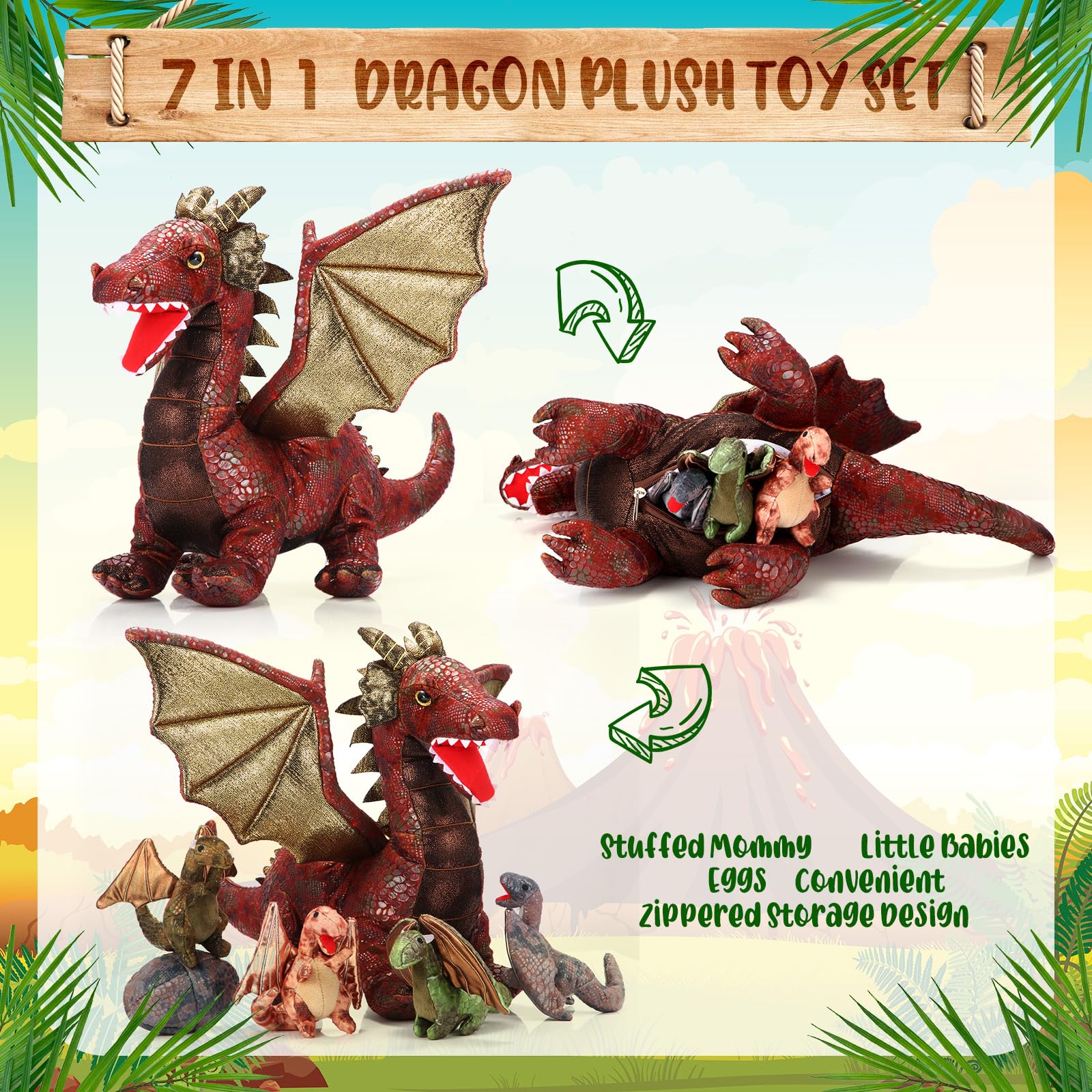 Set de 7 Juguetes de Dragón, Dragón de Peluche Grande de 40 cm con 4 Simpáticos Bebés de Peluche y 2 Huevos para Regalos de Cumpleaños de Adolescentes (Estilo Retro)