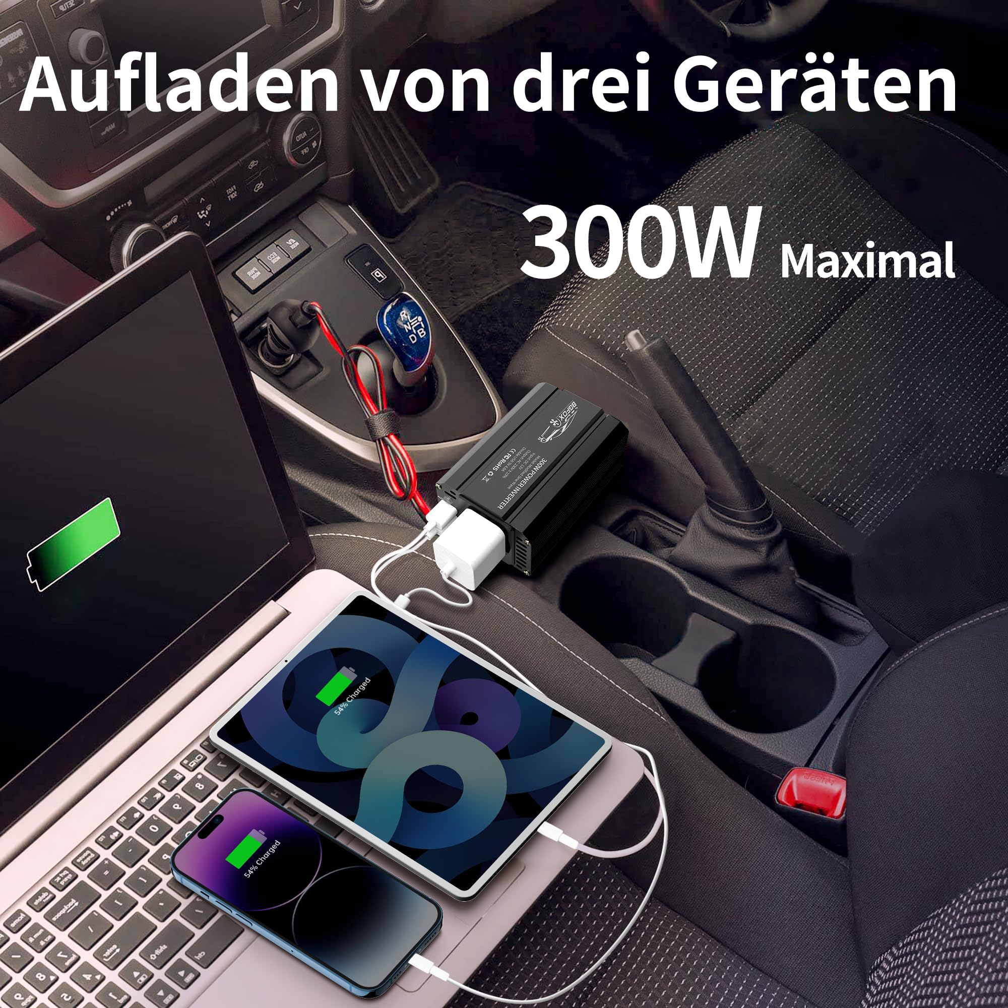 Przetwornica napięcia 300 W DC 12 V na 230 V AC, falownik zmodyfikowany sinusoidalny z podwójnym złączem USB 4,8 A, ładowanie laptopa, do iPhone'a, iPada, tabletu i wielu innych - czarny
