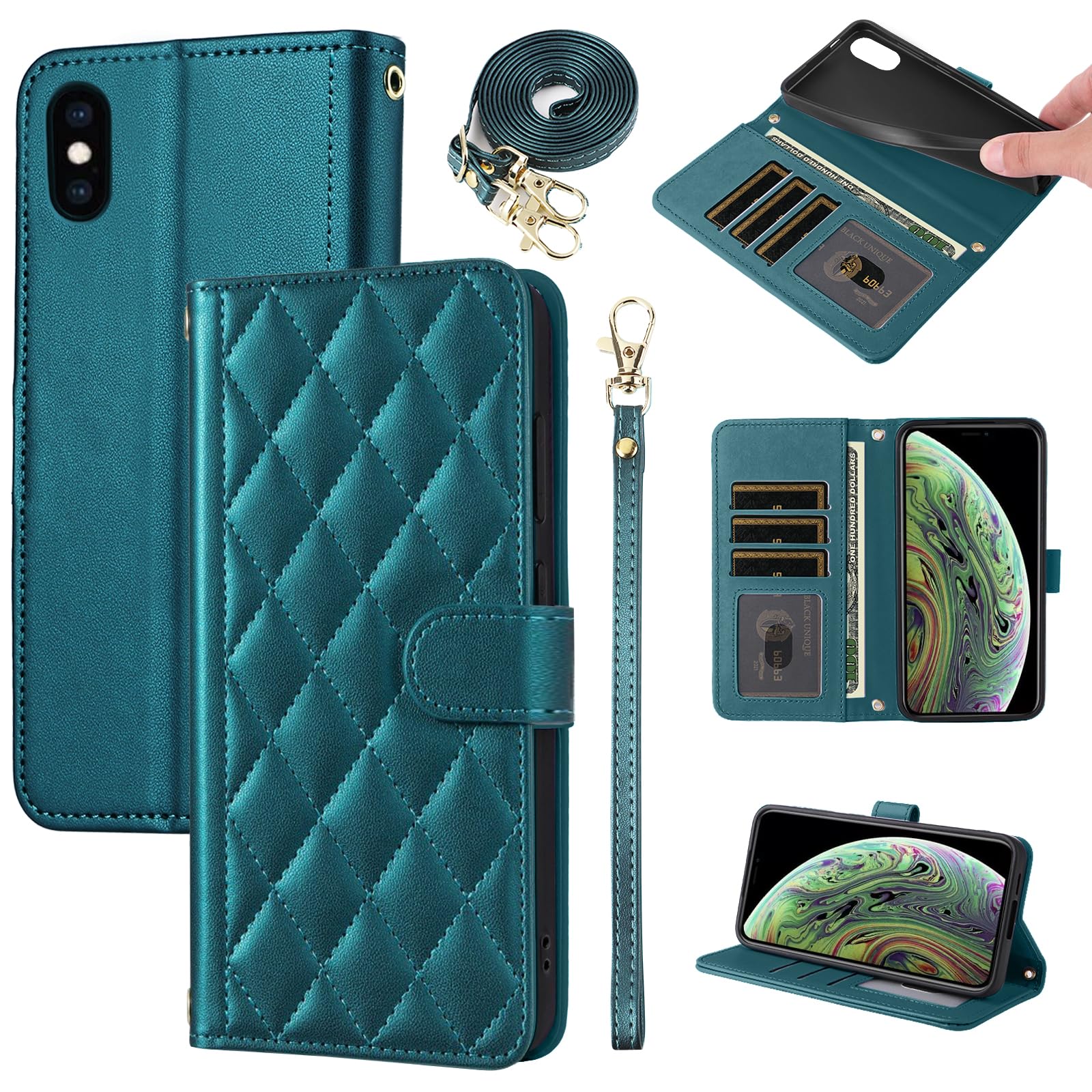 Furiet Wallet Case for iPhone Xs X 10 10s with Wrist Strap Shoulder Strap, Multiple Card Slots Folio Purse, PU Leather Stand Phone Cover for iPhoneX