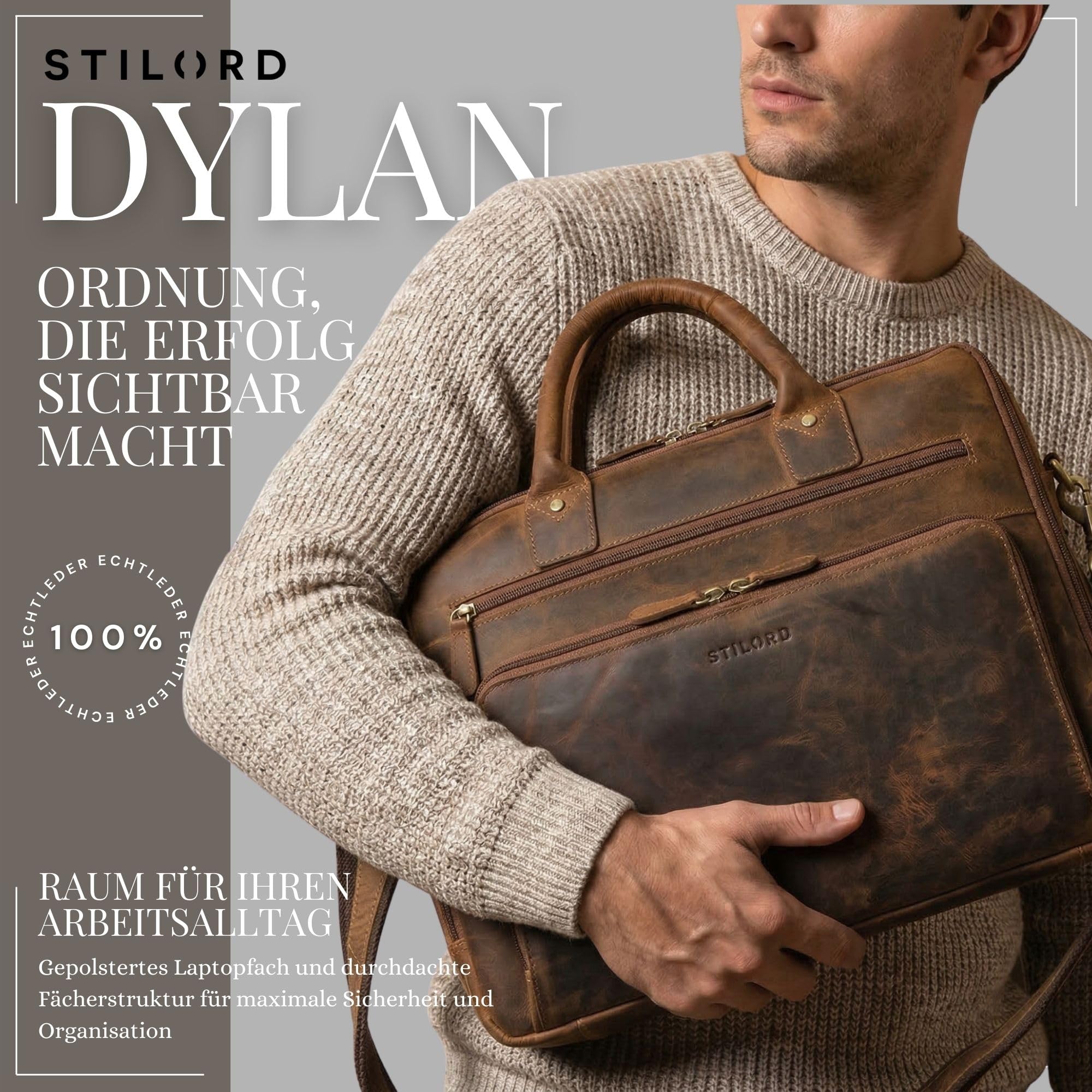STILORD "Dylan Business Aktentasche Herren Leder Groß | Premium Laptoptasche 16 Zoll Arbeitstasche Echtleder Dokumententasche A4 Ledertasche mit abnehmbaren Schultergurt Farbe:schwarz