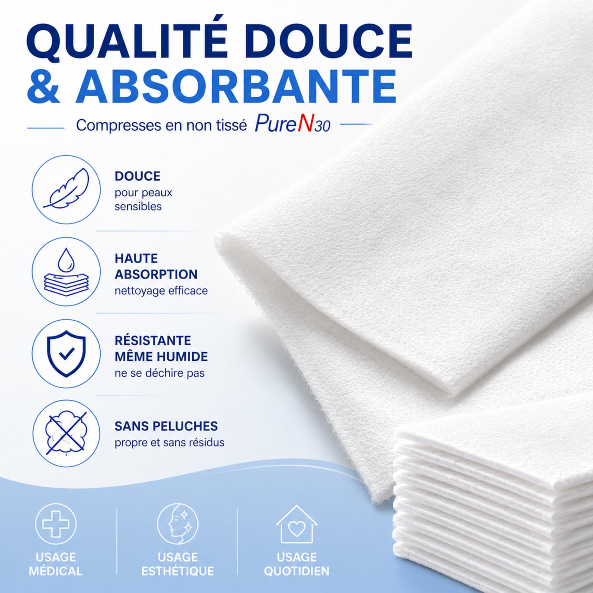 Lot de 10 Sachets de 100 Compresses Non Tissées Non Stériles (7,5 x 7,5cm) – Hypoallergéniques, Ultra-Absorbantes – Usage Médical et Domestique – Le Pro du Médical
