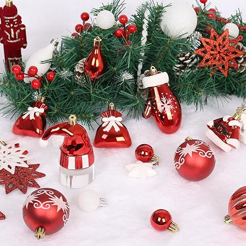 Miniatura 6 de Juego de adornos de Navidad rojos y blancos, 45 piezas de plástico inastillables para colgar en el árbol de Navidad, para interiores y fiestas,