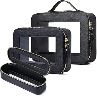 LOFOWN Travel Makeup Set Waterproof Transparent Cosmetic Bag and Toiletry Bag Makeup Brush case with Zipper Car Essentials for Women (Black, L+M+SLIM)