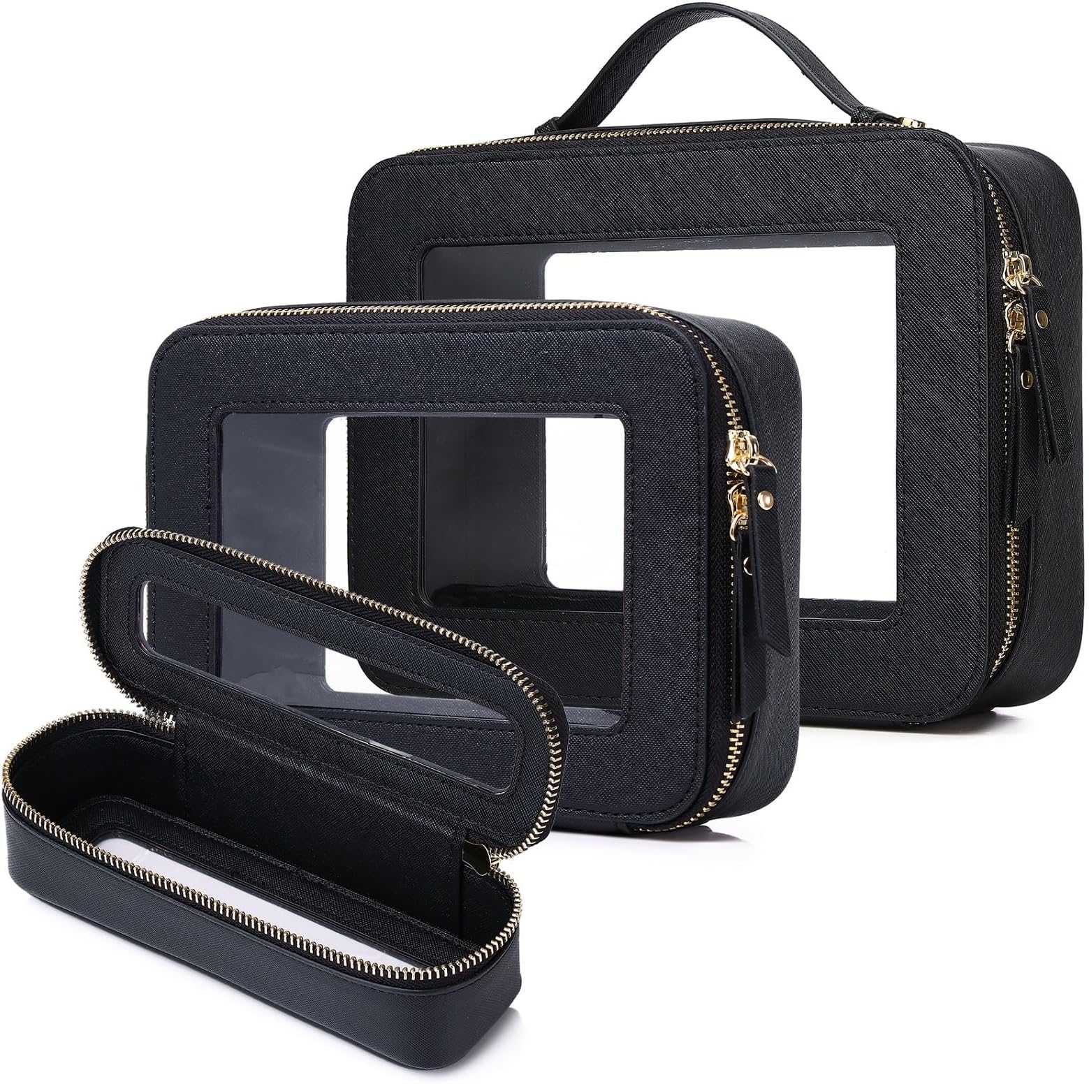 Travel Makeup Set Waterproof Transparent Cosmetic Bag and Toiletry Bag Makeup Brush case with Zipper Car Essentials for Women (Black, L+M+SLIM)