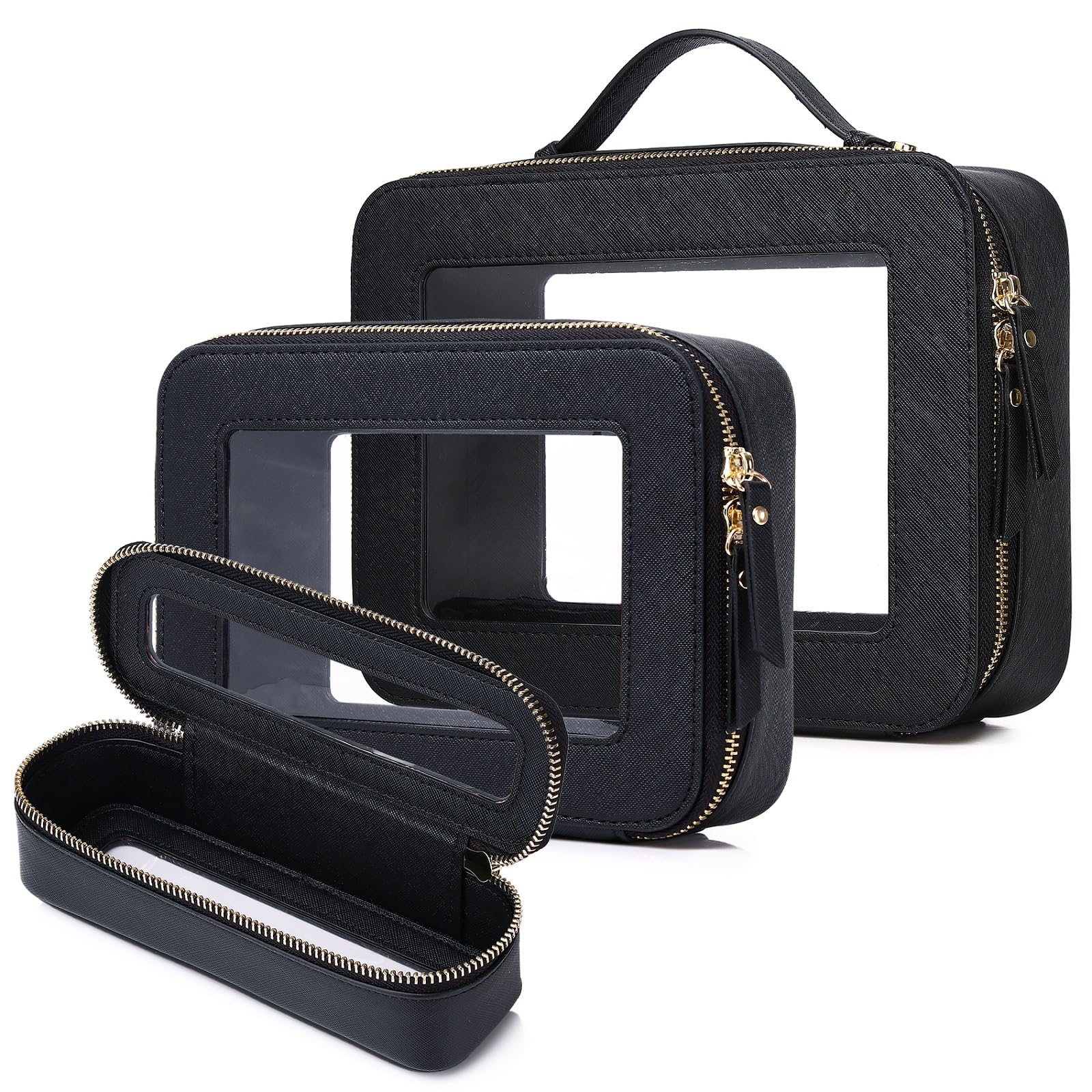 Travel Makeup Set Waterproof Transparent Cosmetic Bag and Toiletry Bag Makeup Brush case with Zipper Car Essentials for Women (Black, L+M+SLIM)