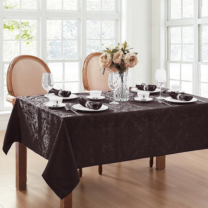 Elrene Home Fashions Caiden Elegance Damask Waterproof, Stain & Wrinkle Resistant Fabric Tablecloth, 60" x 102" Oblong/Rectangle, Black