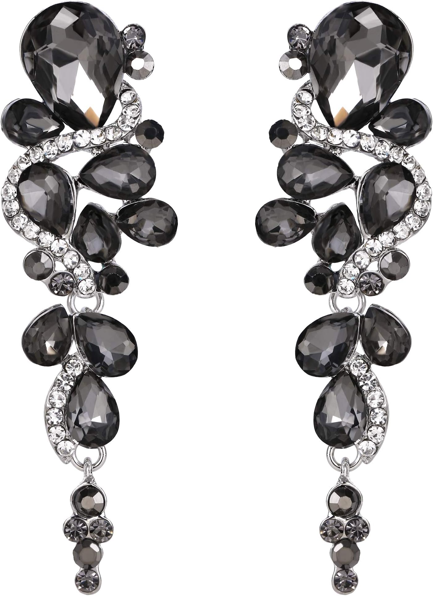 Bohemian Teardrop Cluster Crystal Diamante Clip-On Long Drop Dangle Chandelier Earrings, Statement Earrings for Costume, Wedding Bridal Jewellery for Brides