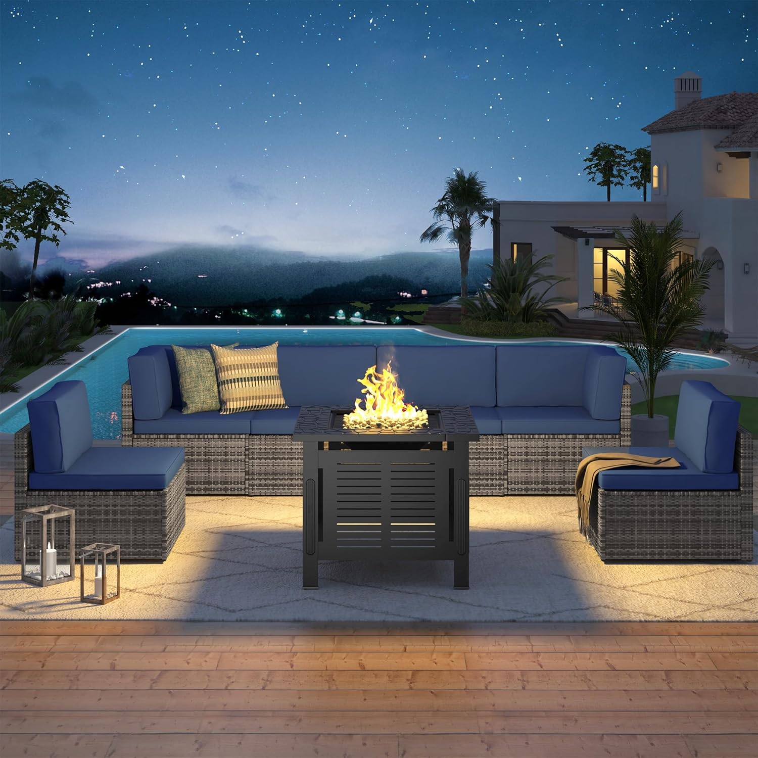 U-MAX 7 Piece Outdoor Patio Furniture Set with 30 Inch Fire Pit Table, PE Rattan Wicker Sofa Set, Outdoor Sectional Furniture Chair Set with Cushions and Tea Table, Grey Rattan&Dark Blue Cushion