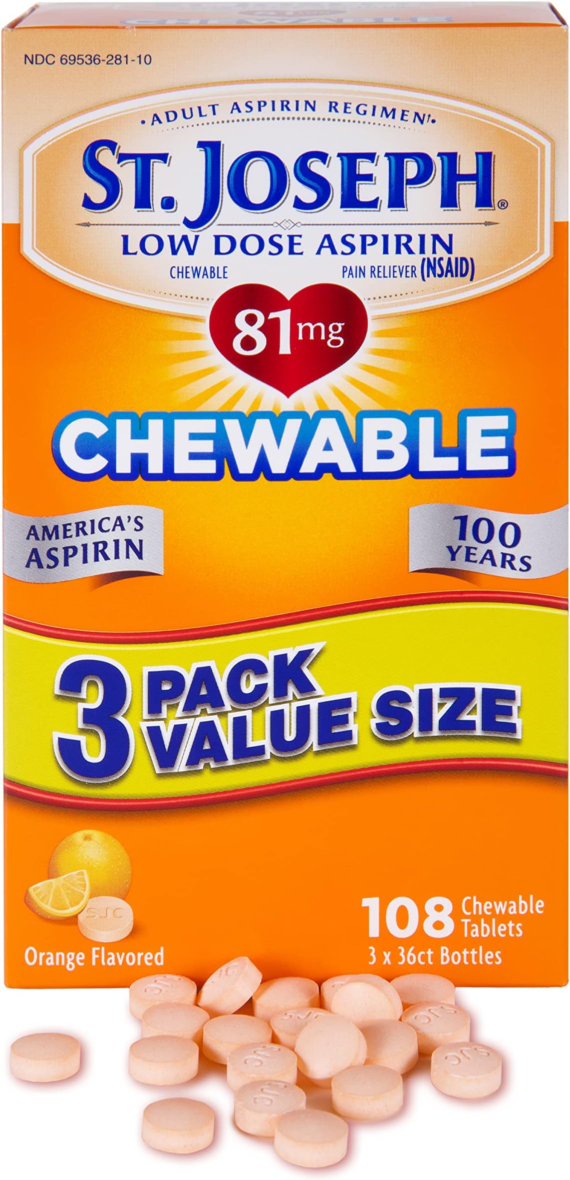 Aspirin Pain Reliever (NSAID) 81mg, Chewable Orange Tablets Adult Low Dose Regimen , 108 ct (3 x 36 ct Tablets per Bottle)
