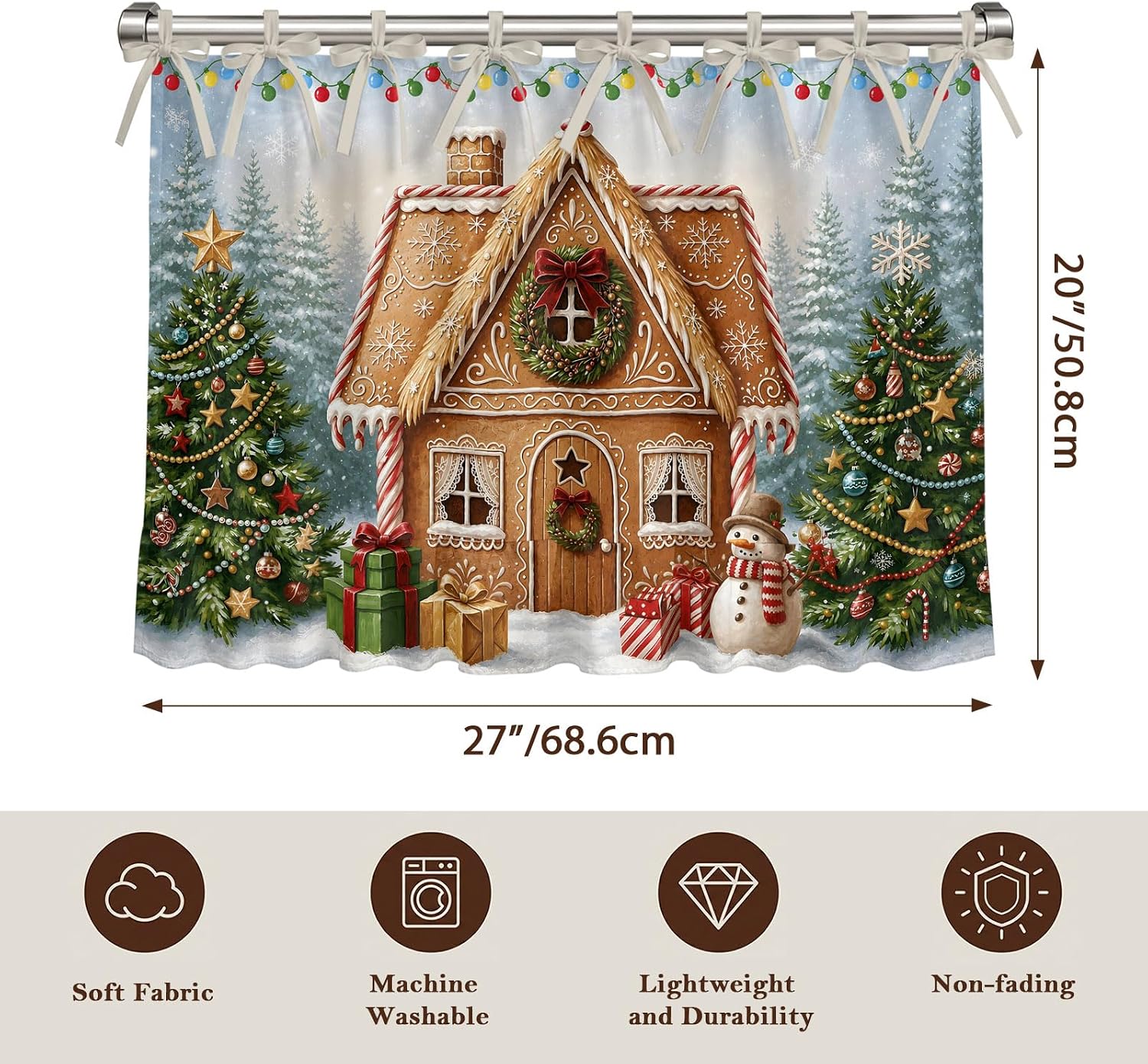 Christmas Gingerbread House Oven Curtain with Tie Top, Whimsical Xmas Tree Snowman Gift Oven Skirt Curtains with Tie Top Cabinet Cover Curtain for Small Kitchen Apartment Decor 27 x 20 Inches image 4