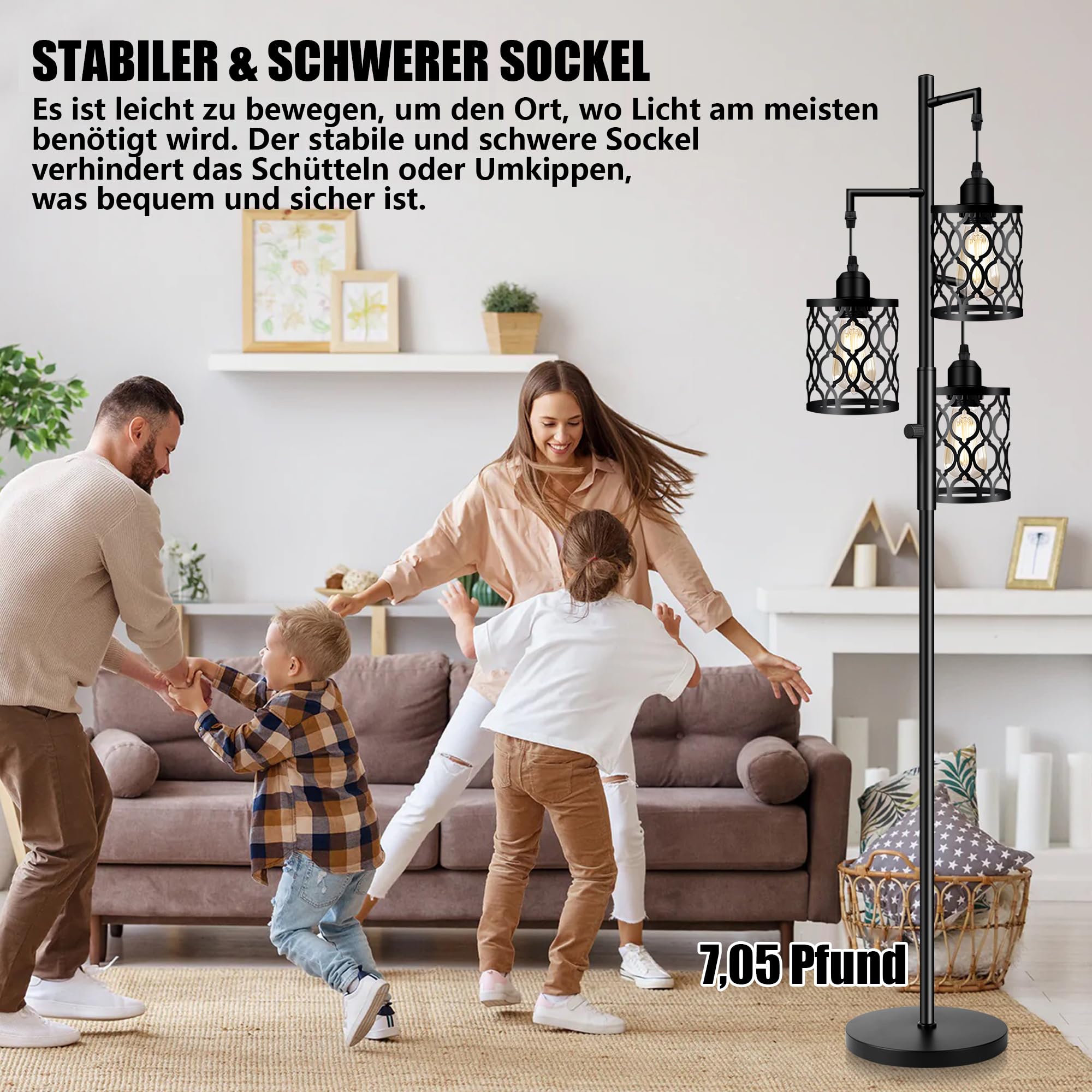 ROTTOGOON Dimmbare 3 flammige Landhaus Standleuchte 172cm Industrielle Stehlampe mit 3x6W LED für Wohnzimmer Schlafzimmer Büro Rustikale Stehleuchte Schwarz