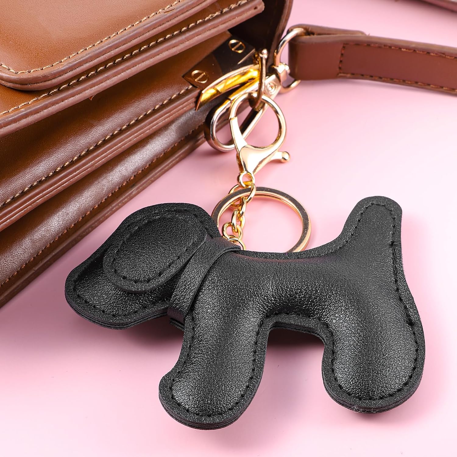 Leather Dog Keychain, Cute PU Leather Dog Bag Charm Dogs Keychain Keyring Purse Charms, Brown