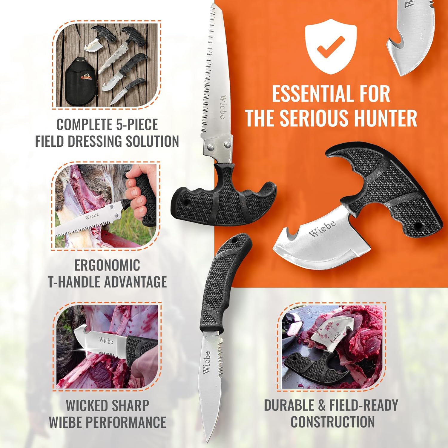 Wiebe 5-Piece Field Processing Kit (WBKKS012) – Essential Hunting Knife Set with T-Handle Saw & Skinner, Gut Hook, Caping Knife, Nylon Pouch – For Deer, Elk, Moose, Field Dressing