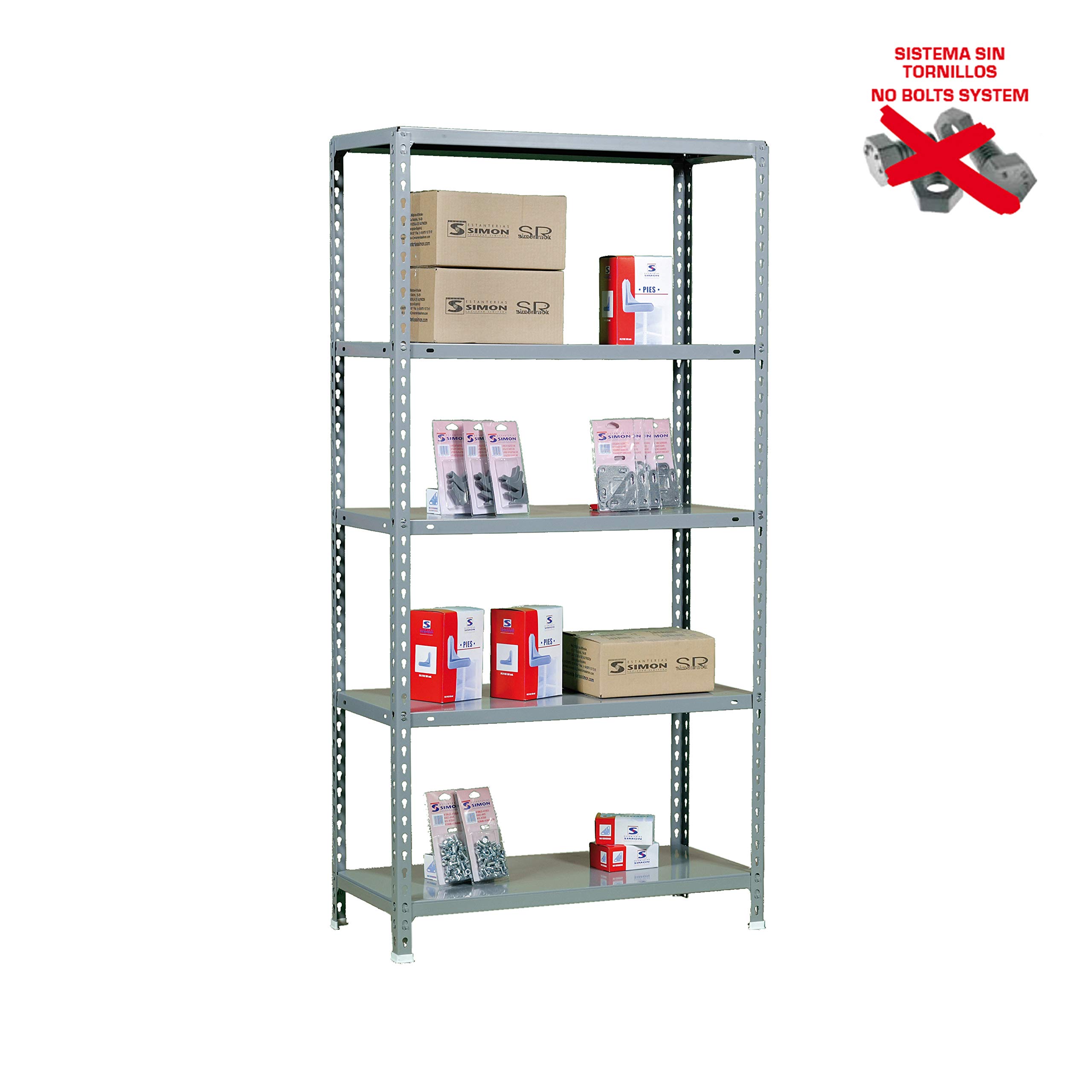 Simon Rack Estantería Metálica, 180x80x40 cm, 5 Alturas, Bandeja Metal, 70 kg de Punto Flexión, Estanterías Almacenaje, Gris - Ecoclick