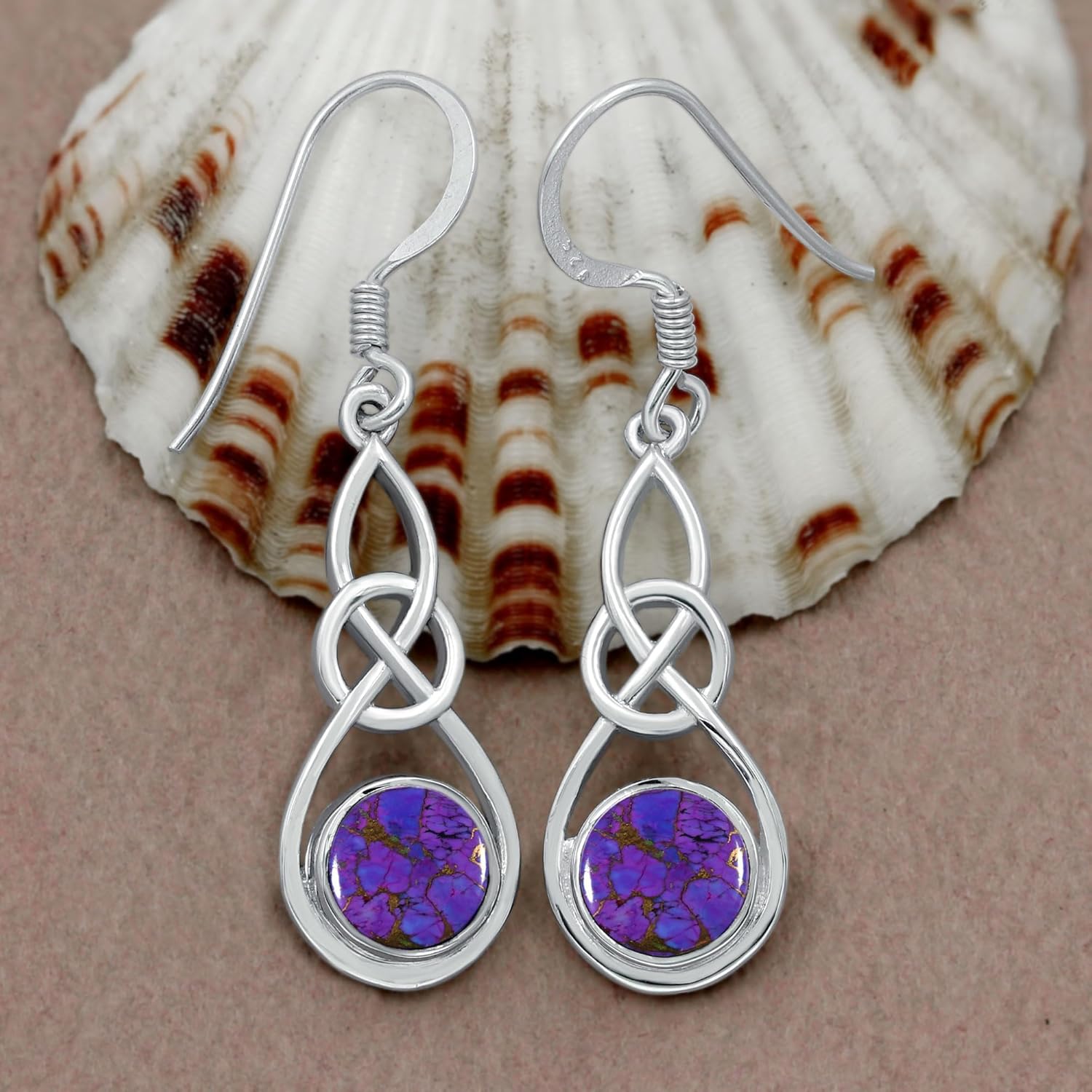 Natural Moonstone/Labradorite/Turquoise/Larimar/Amethyst/Lapis 925 Silver Plated Celtic Knot Design Vintage Style Handmade Dangle Earrings for Women Gifts for Wedding Anniversary Birthdays