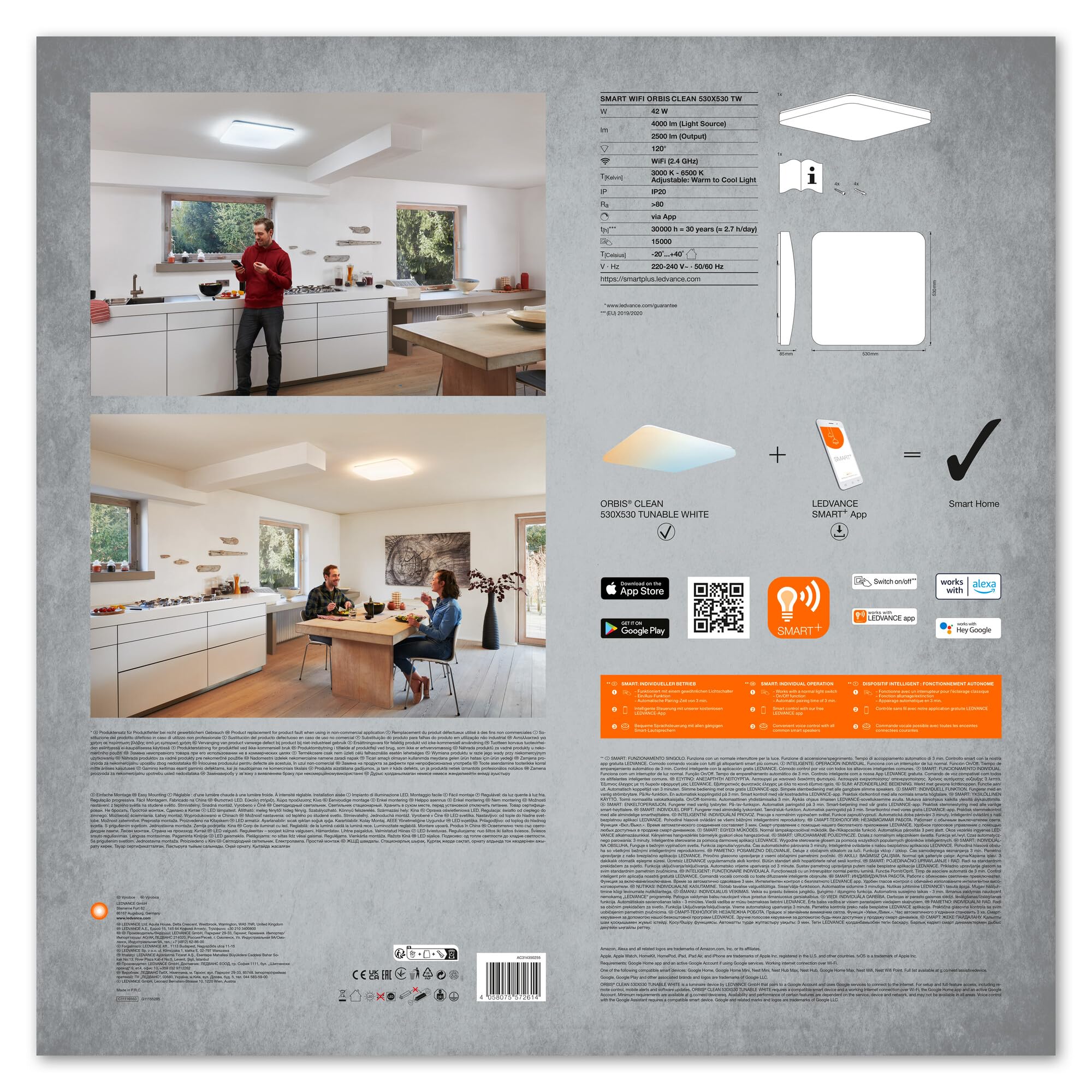 LEDVANCE Apparecchio di illuminazione: per soffitto, DECORATIVE CEILING WITH WIFI TECHNOLOGY / 42 W, 220…240 V, 3000…6500 K, materiale del corpo: steel, IP20