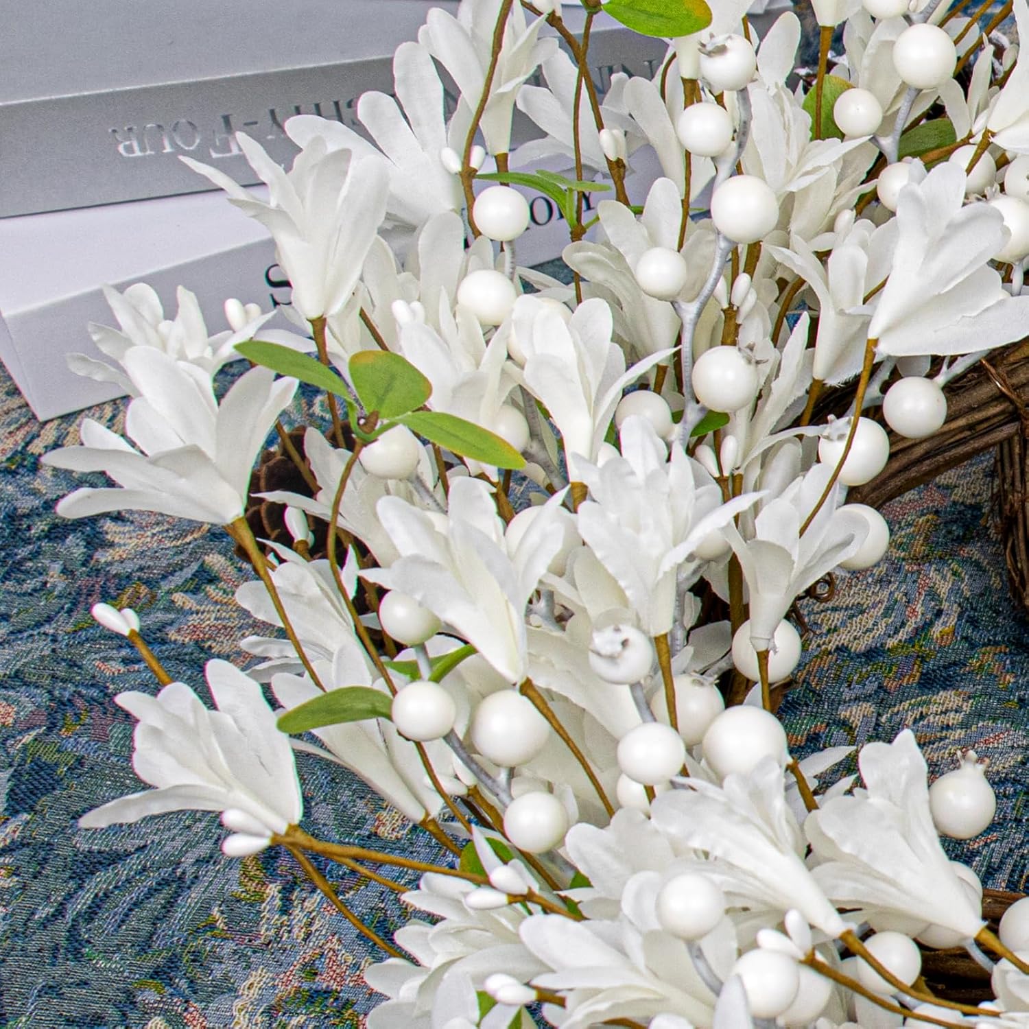 White Wreath 20 Inch Winter Wreaths for Front Door Artificial Forsythia Wreath with White Berries for Winter Christmas Farmhouse Indoor Outdoor Porch Wall Window Decor
