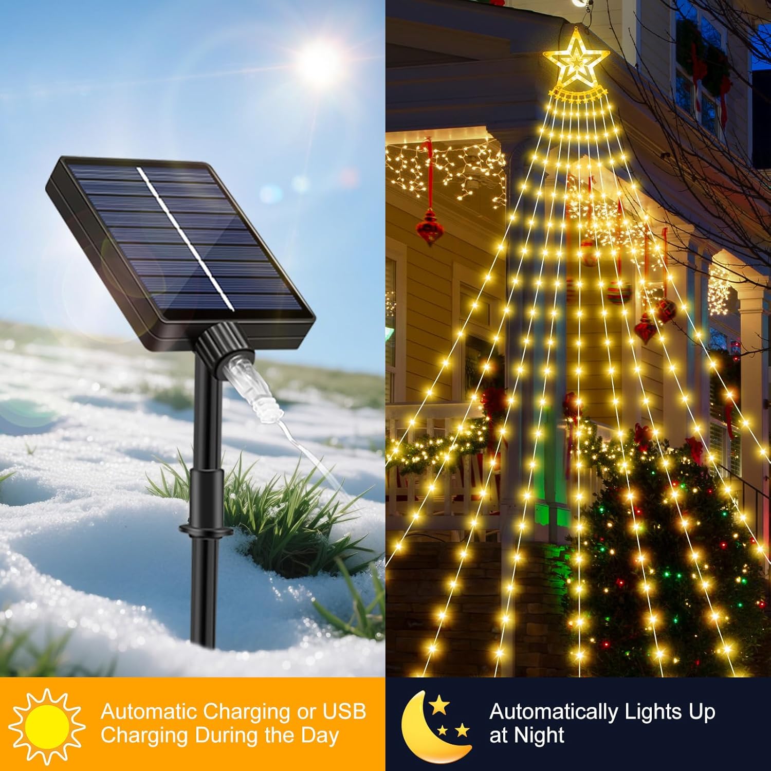 Solar Christmas Decorations Tree Lights Outdoor, 18.37ft 532LED Waterfall String Lights with 8 Modes Timer Remote Xmas Lights USB Powered for Garden Yard Patio Home Holiday Party Decor, Warm White