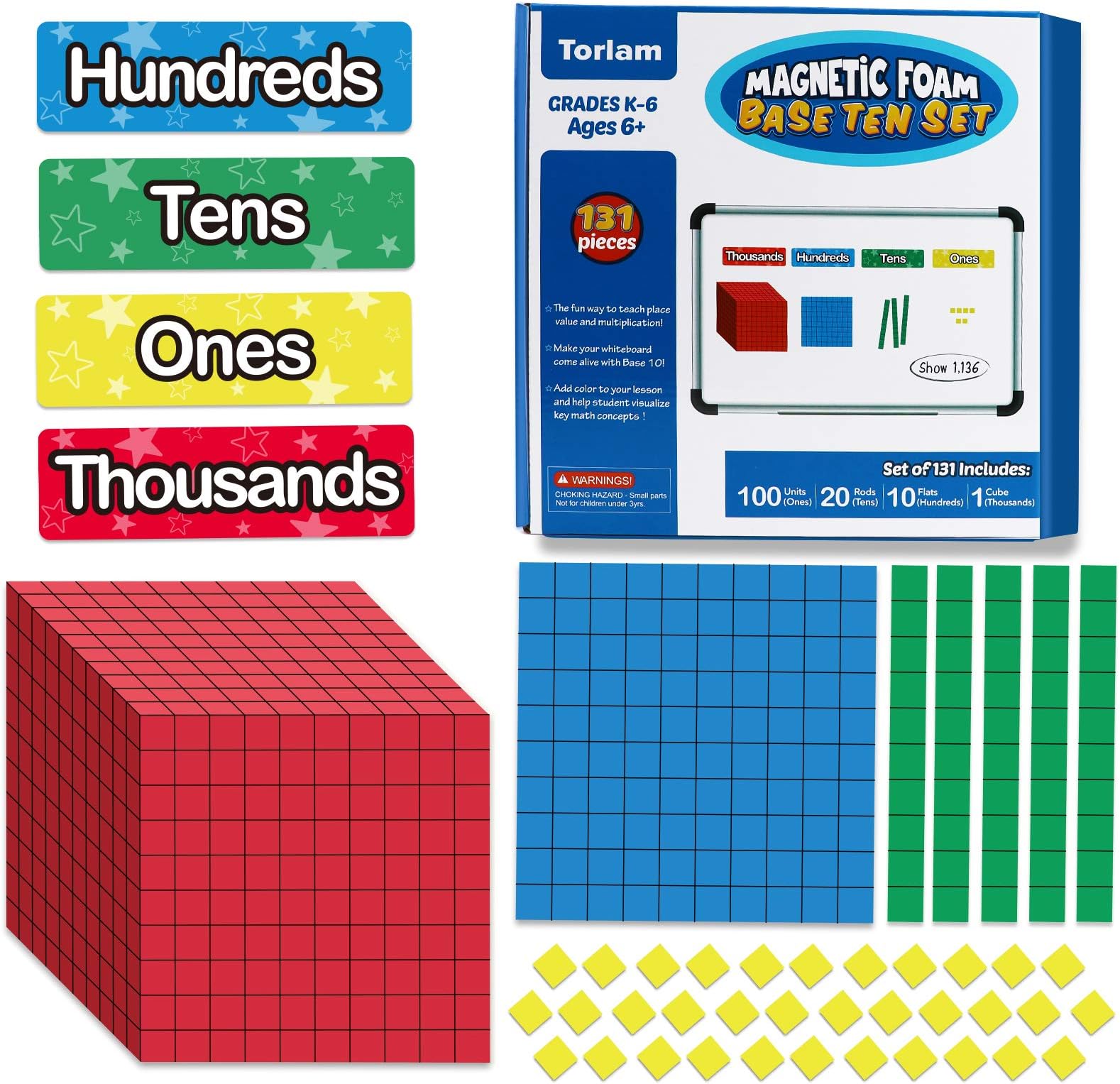 Torlam 131 PCS Magnetic Base Ten Blocks - Place Value Blocks -Math Manipulatives K-3 for Elementary Classroom, Math Counters, Counting Cubes for Kids, Base 10 for 1st 2nd 3rd Grade