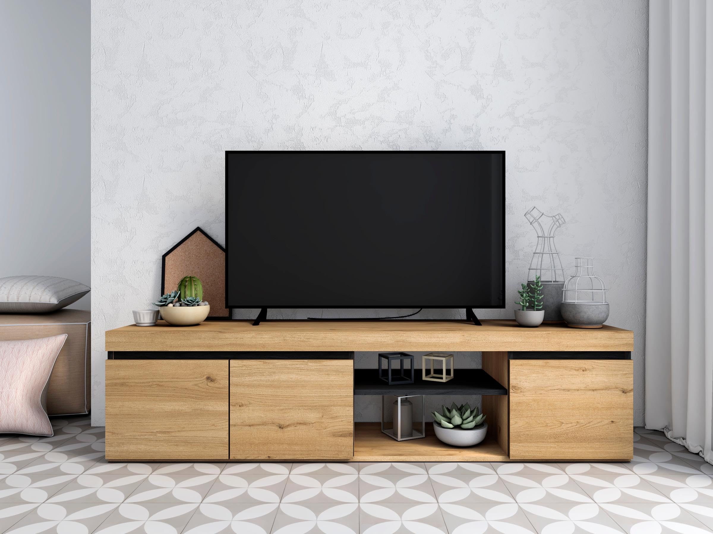 Skraut Home - Mobile TV - Modello Naturale - 160 x 40 x 41 cm - Mobile Ausiliario 3 Ante e 1 Ripiano Centrale - Stile Nordico - Melaminico - Rovere e Nero
