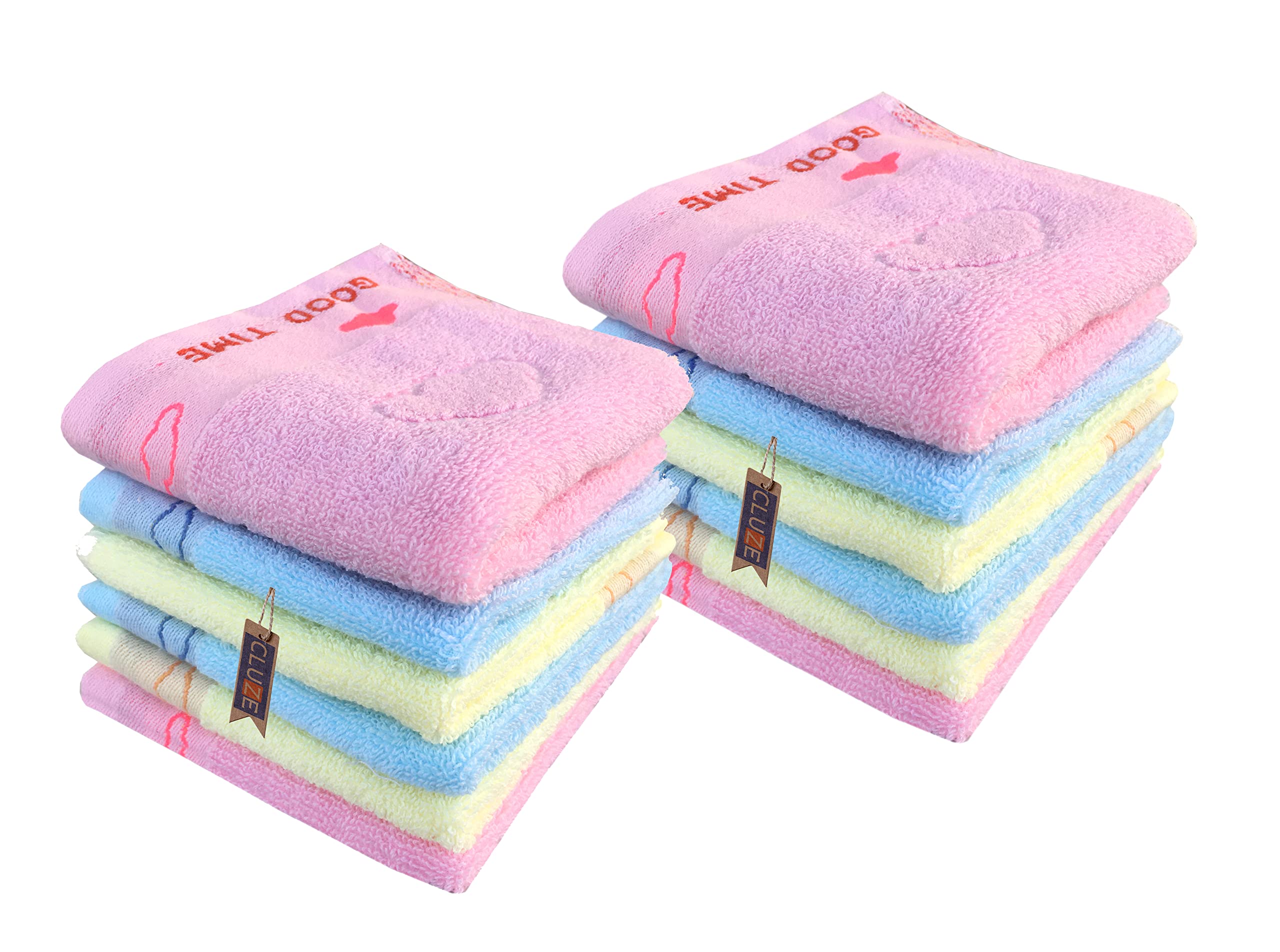 CLUZE Good Time Cotton Small Size Face Towel/Handkerchief/Rumal - 400 GSM/Extra Soft and Super Absorbent Face Towels for Women's, Kids and Newborn Babies- (25x25 cm) - Multicolor