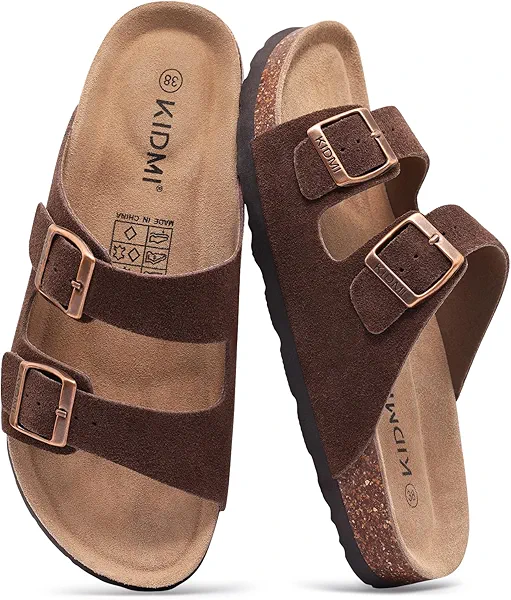 KIDMI Women's Genuine Suede Sandals Cork Footbed Summer Adjustable Slide Sandals