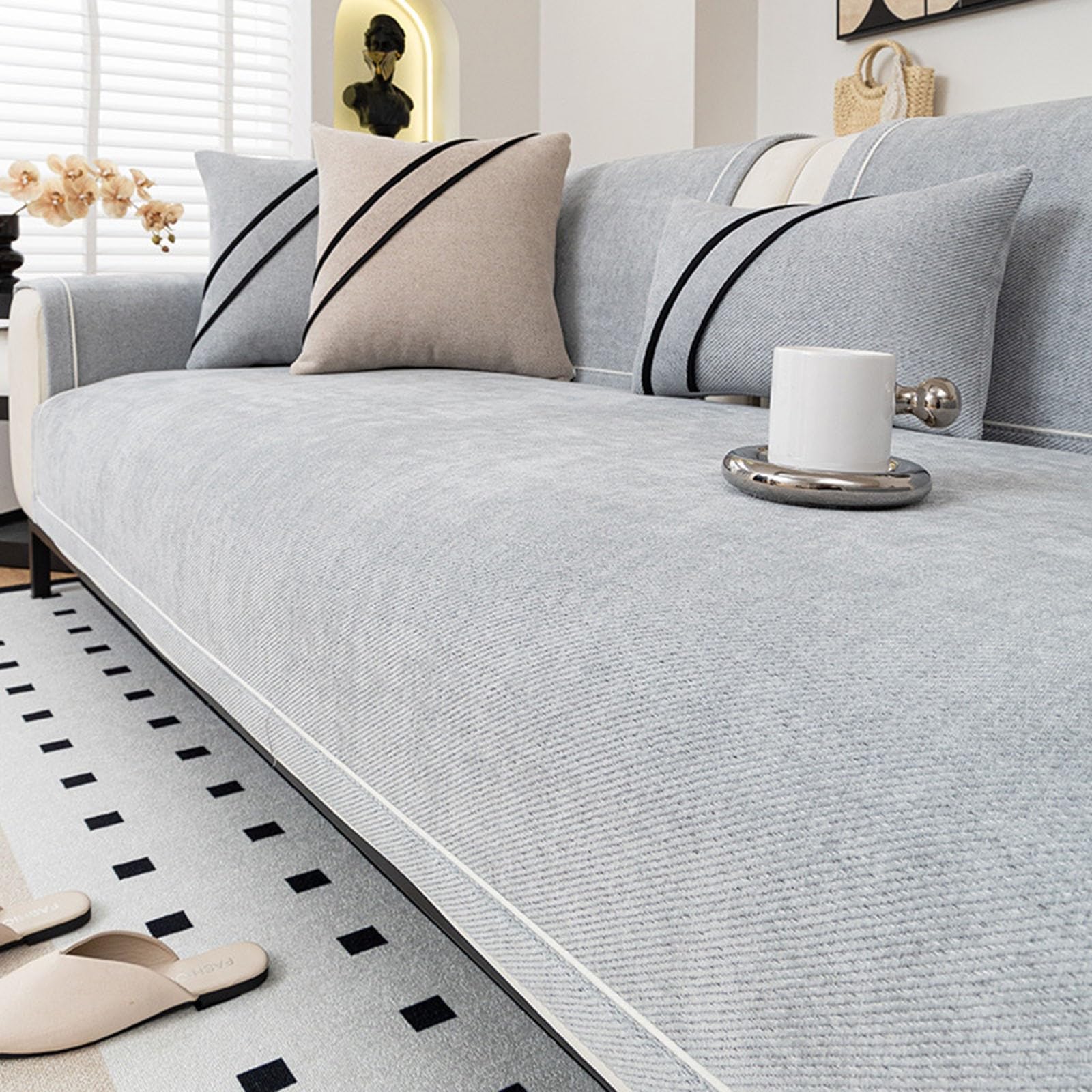 Soft Chenille Sofa Cover 2 3 4 Seater L-Shape Sectional, Non-Slip Washable Heavy Duty Couch Protector for Leather Sofa, Pet & Dog Friendly Furniture Cover for Living Room(Light grey,70x70cm) — image 1