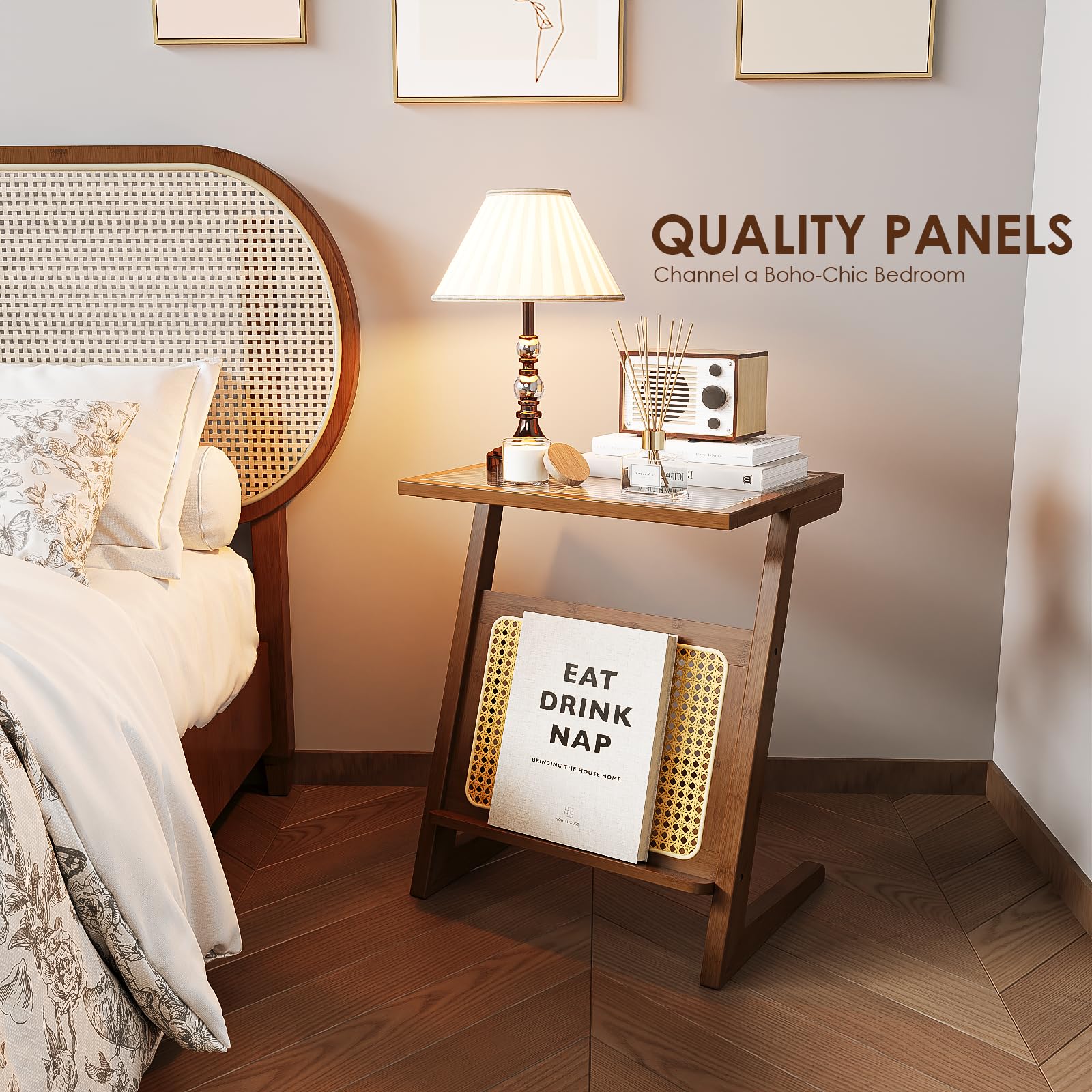 Bamworld Set Di 3 Tavolini Rotondi In Rattan Intrecciato – Stile Bohémien, Con Gambe In Metallo, Per Soggiorno E Piccoli Spazi