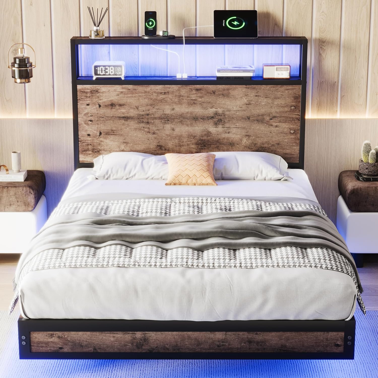 Bed Frame with Bookcase Headboard and LED Lights, Floating Bed Frame with Charging Station, Easy Assembly, No Box Spring Needed, No Noise (Rustic Brown, Twin)