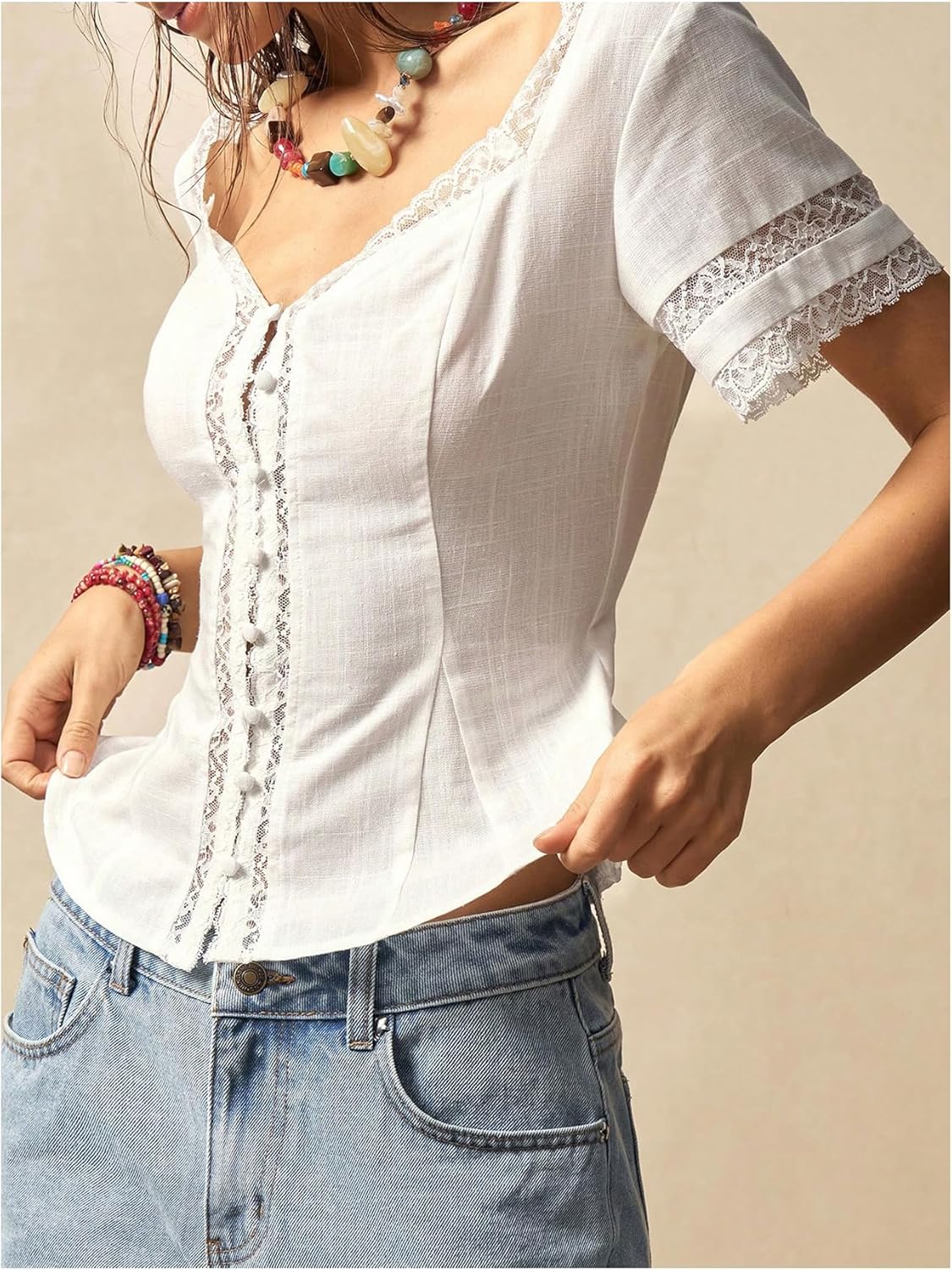 MakeMeChic Women's Lace Sweetheart Blouse Linen Button Front Short Sleeve Shirred Shirt Tops - Image 3