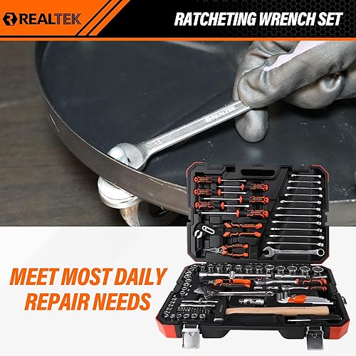 Miniatura 6 de REALTEK Juego de herramientas mecánicas de 100 piezas, kit de herramientas para automóvil, llave de vaso Cr-V, kit de reparación automática incluye