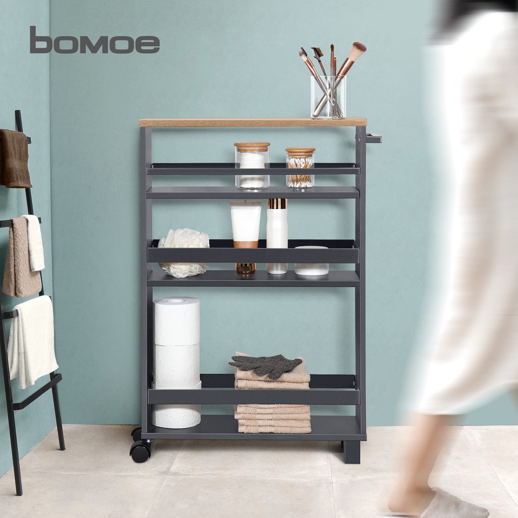 bomoe Carrello da Cucina Antracite Quercia Hylla - scaffale da Cucina 50x79x15 cm - Carrello con Ruote, 3 ripiani e piano lavoro in legno FSC® - Carrello da portata - mobile da Cucina e da Bagno