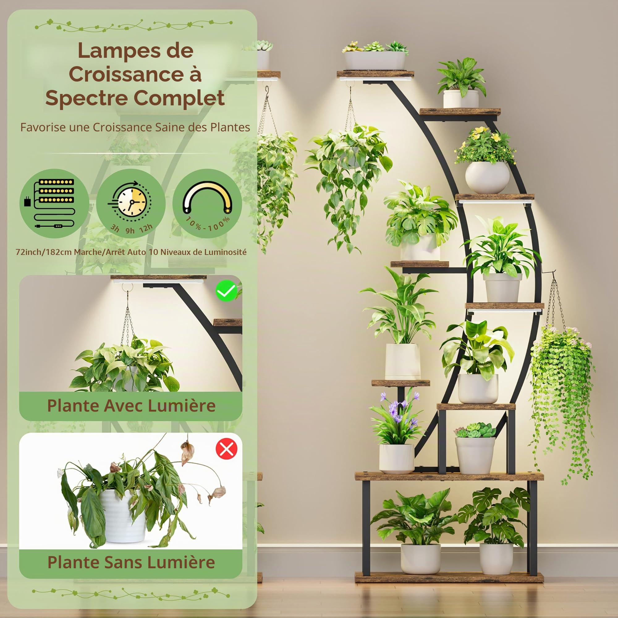 BACEKOLL Support pour plantes d'intérieur avec lampes de croissance, étagère en métal à 9 niveaux, support de plantes de 162,6 cm de haut pour plantes d'intérieur, grande étagère de présentation,