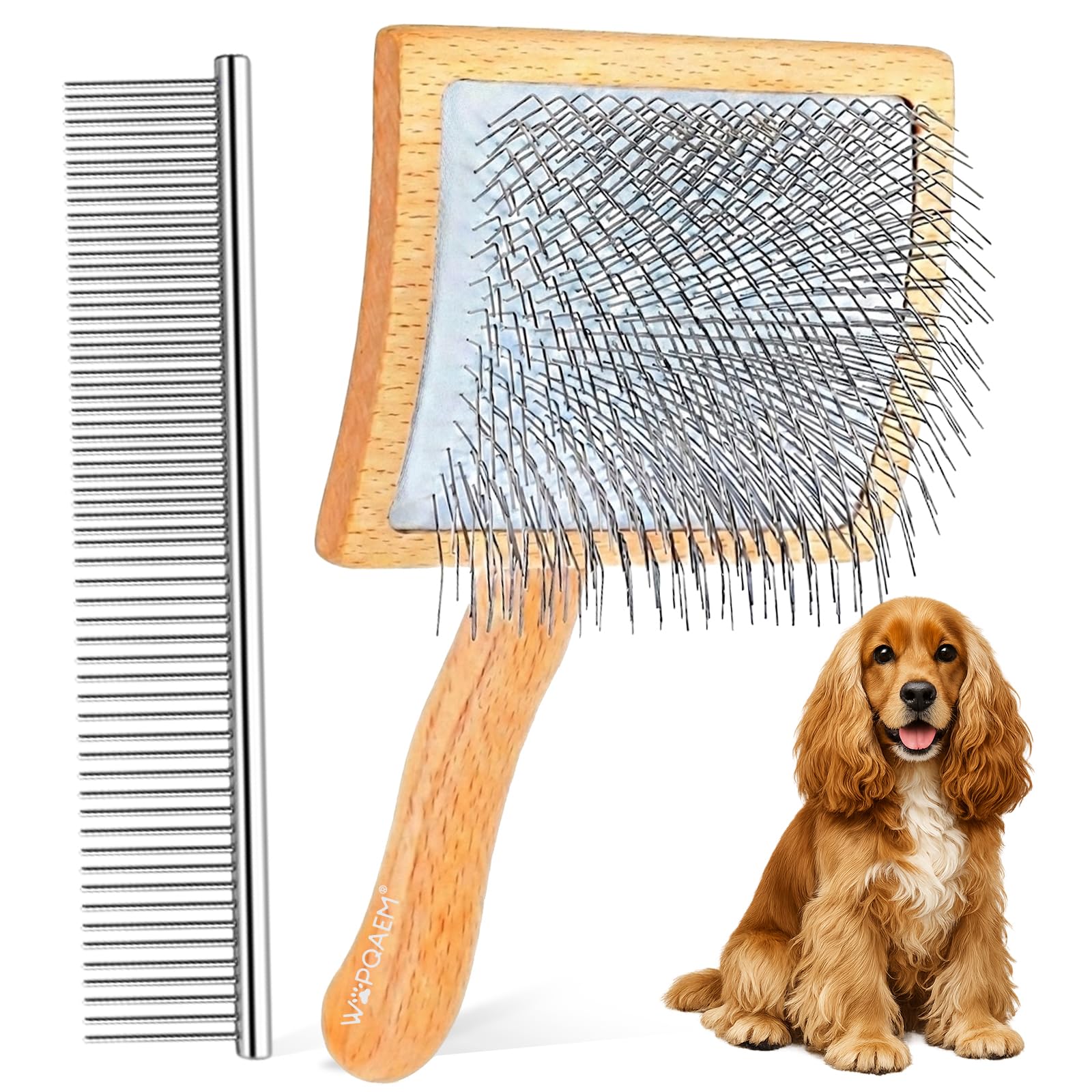 WOPQAEM Slicker Brush for Dogs, Large Long Pin Dog Brush for Cockapoo Cavapoo Doodles Poodles Goldendoodle Labradoodle, 2 PCS Large Pet Comb and Grooming Brush, Wood Handle - Woode