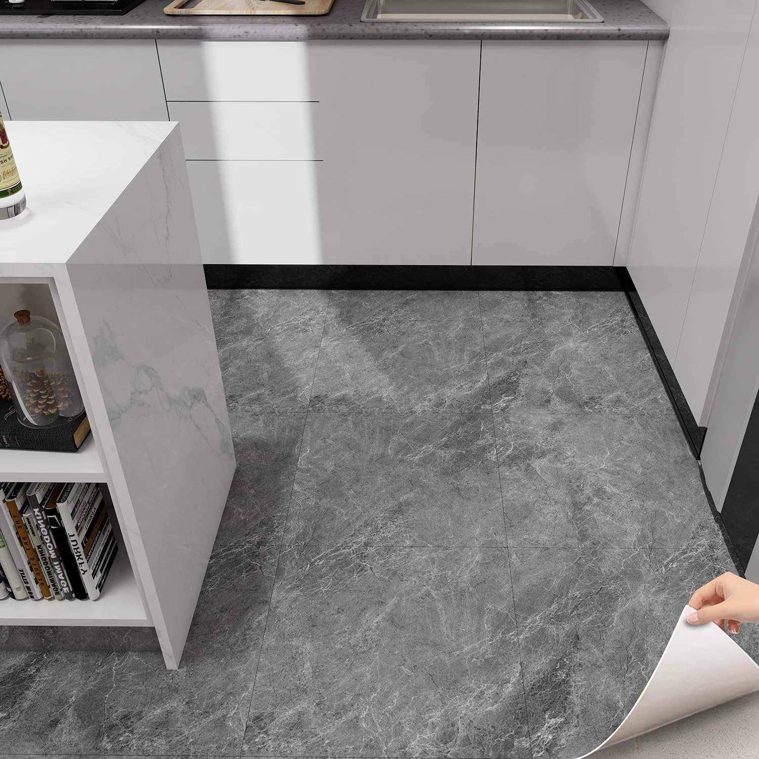 Marble Pattern 24"x 24" Peel and Stick Floor Tiles (Large Format), Grey 12 Tiles/Pack - Covers 48 Sq Ft, Scratch-Resistant & Waterproof Floor Tiles Planks for Bathroom Kitchen