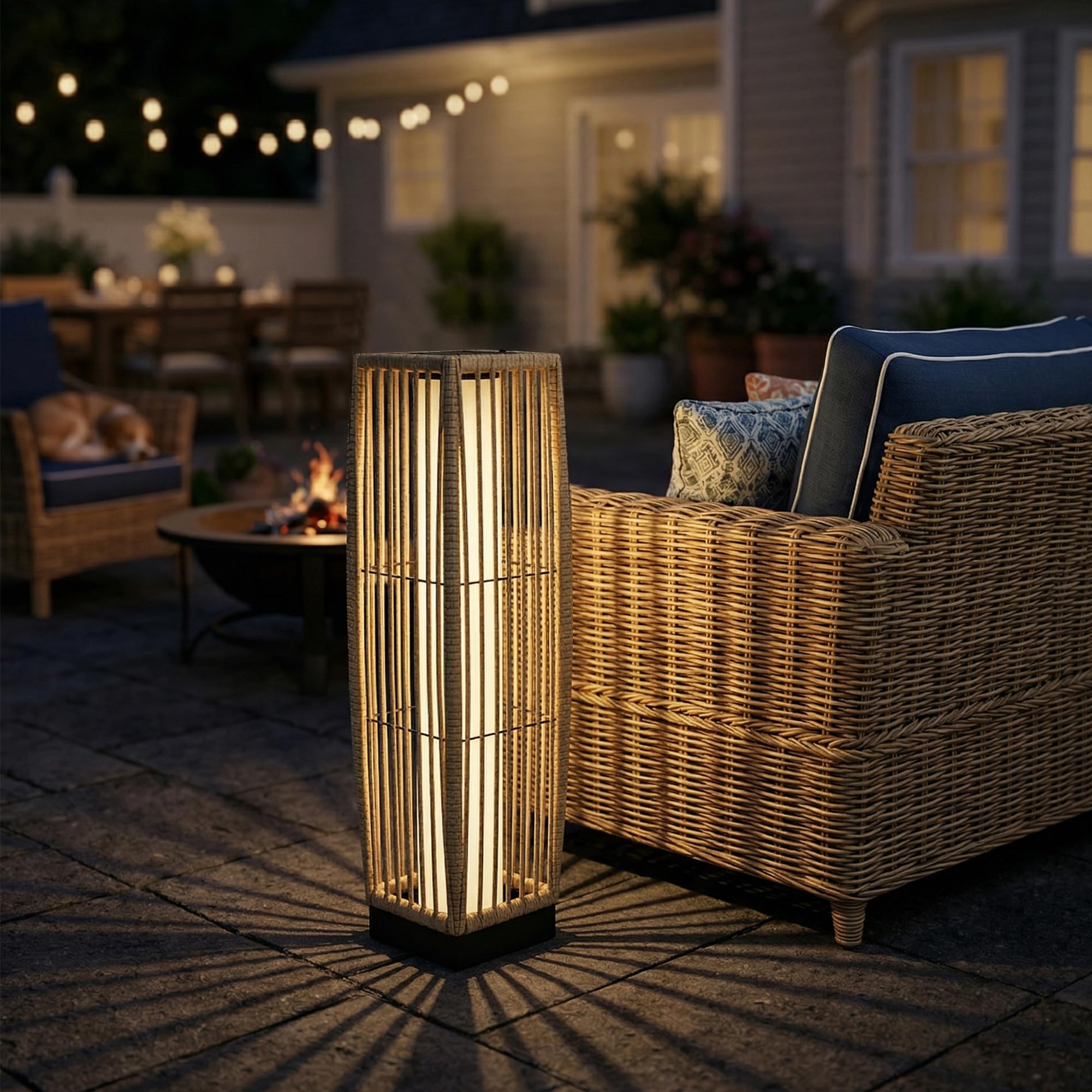 Outsunny Lanterne Solaire Extérieure en Résine Tressée, Lampadaire LED Rechargeable avec Capteur de Lumière pour Jardin