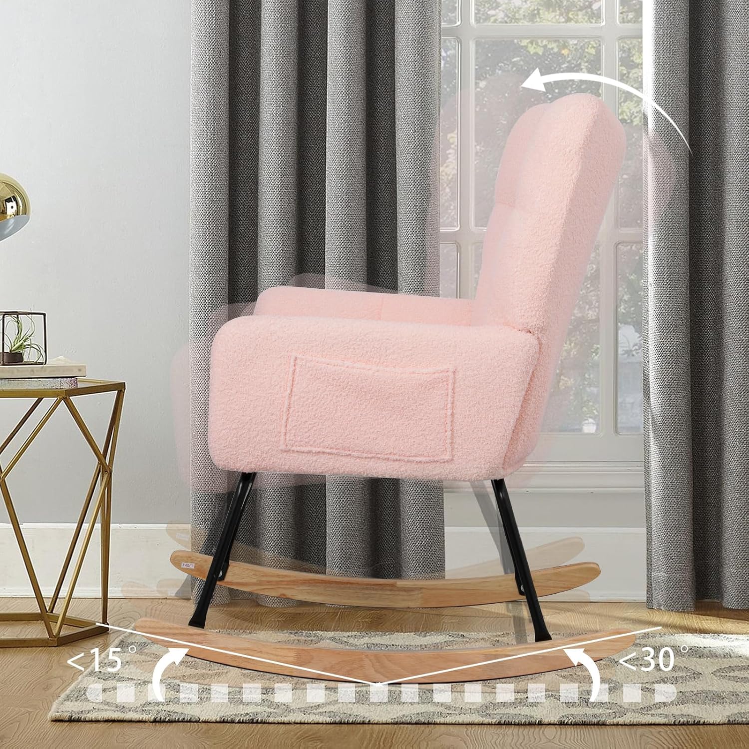 Teddy Fabric Rocking Chair, Modern Rocking Accent Chair for Nursery, Living Room, Bedroom, Pink