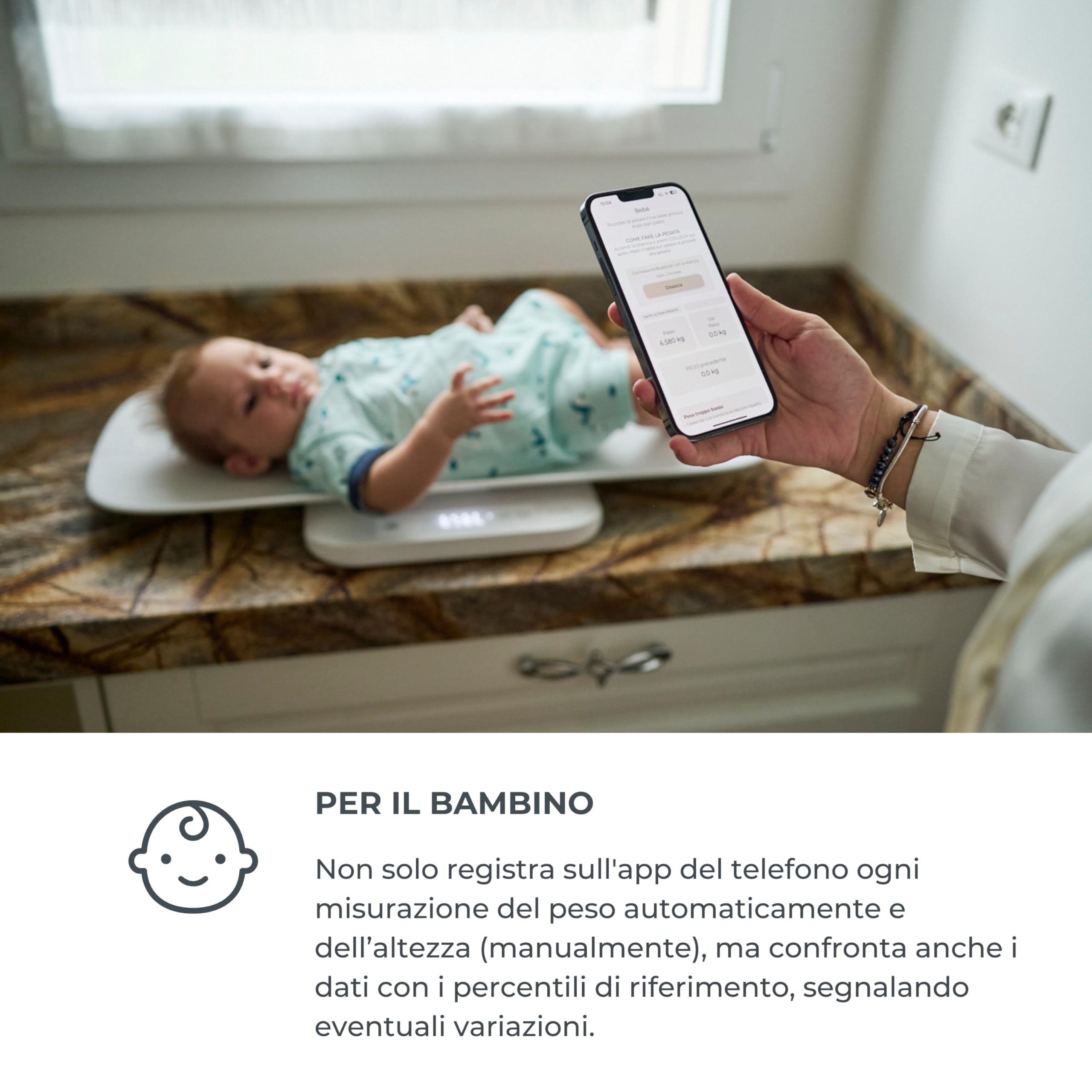 Nuvita 1330 PrimiPesi Bilancia Bluetooth Smart Mamma & Bambino - Controllo della Crescita e del Peso con AI per Madre e Figlio, Design Moderno e Portatile, compatibile con App Nuvita Baby