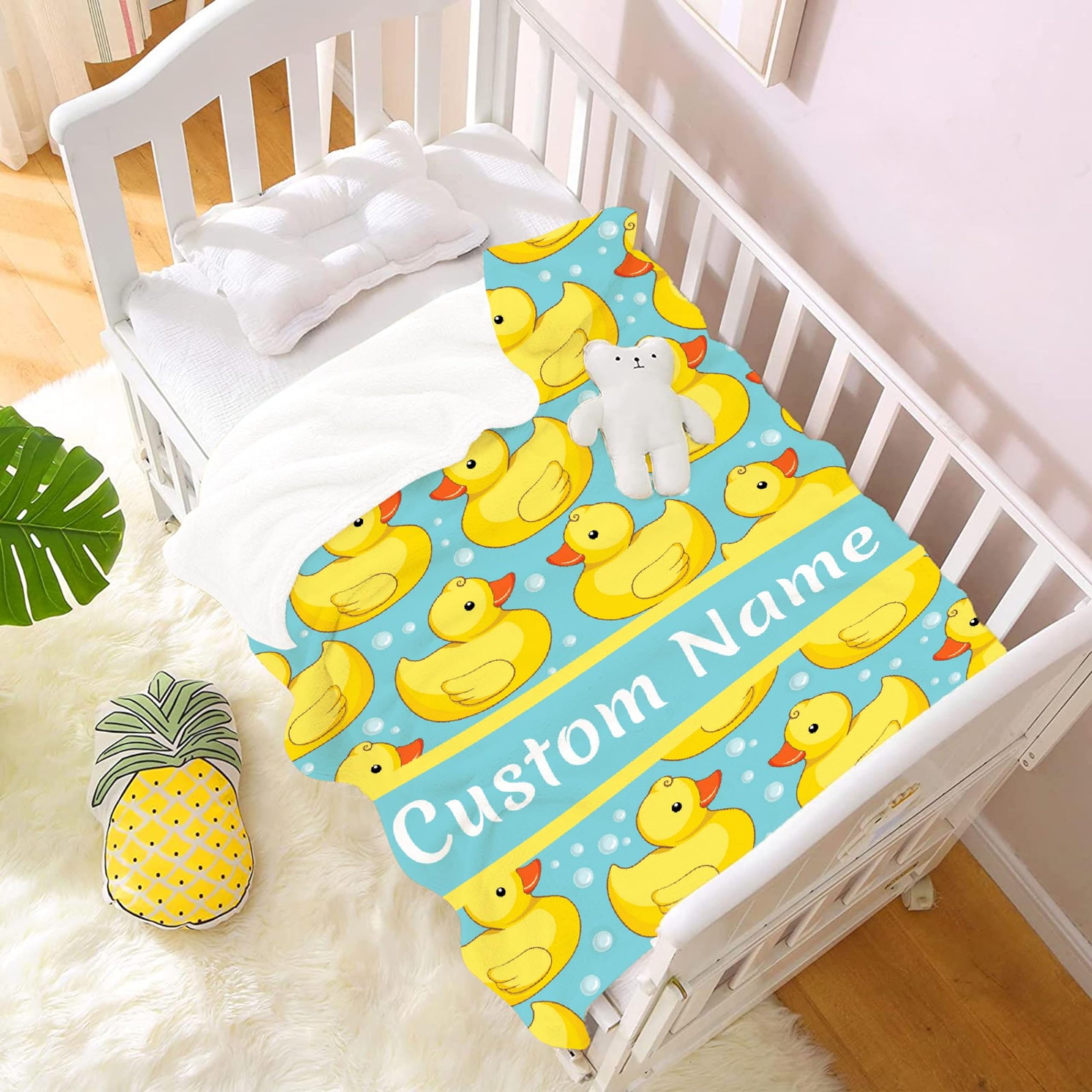 Personalized Cartoon Yellow Duck Baby Blankets with Name, Lightweight for All Seasons, Custom Baby Blanket As Festival Gifts Collection- Sofa, Living Room, Vacation House 50