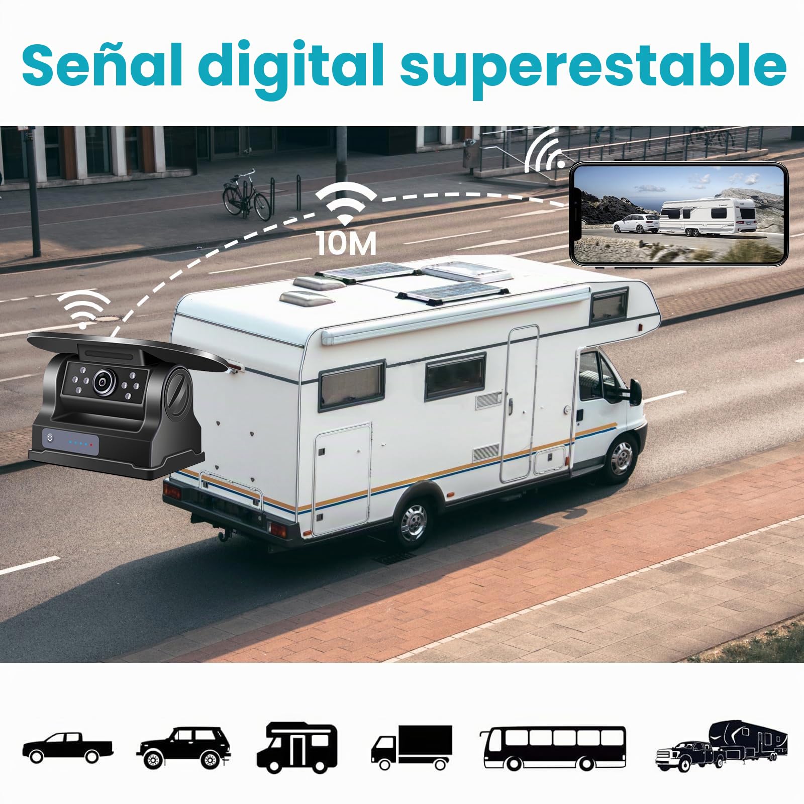 Cámara de Marcha atrás WiFi Solar, cámara de Marcha atrás magnética inalámbrica, FHD 1080P IR visión Nocturna IP69K Impermeable, para iPhone Android, Ayuda de Aparcamiento, Autocaravana