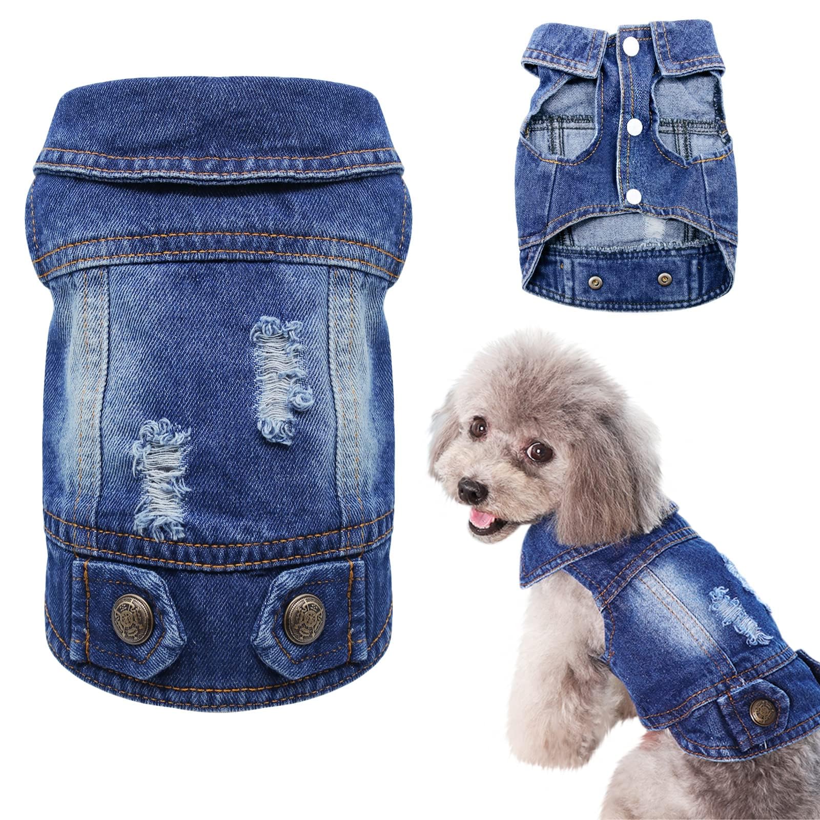 SILD Pet Clothes Dog Jeans Jacket Cool Blue Denim Coat Small Medium Dogs Lapel Vests Classic Hoodies Puppy Blue Vintage Washed Clothes