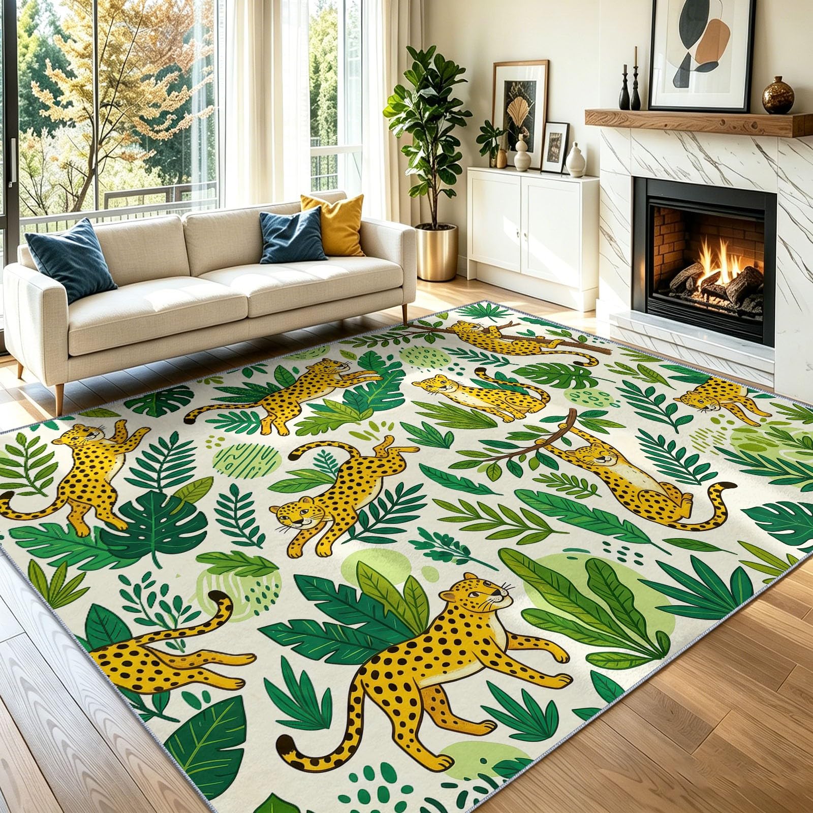 Tropisch Cartoon Leopard Monstera Farnblätter Waschbarer Schlafzimmer Teppich 120 x 170 cm - abwaschbar rutschfest Weich - Teppich für Wohnzimmer Esszimmer Büro Kinderzimmer