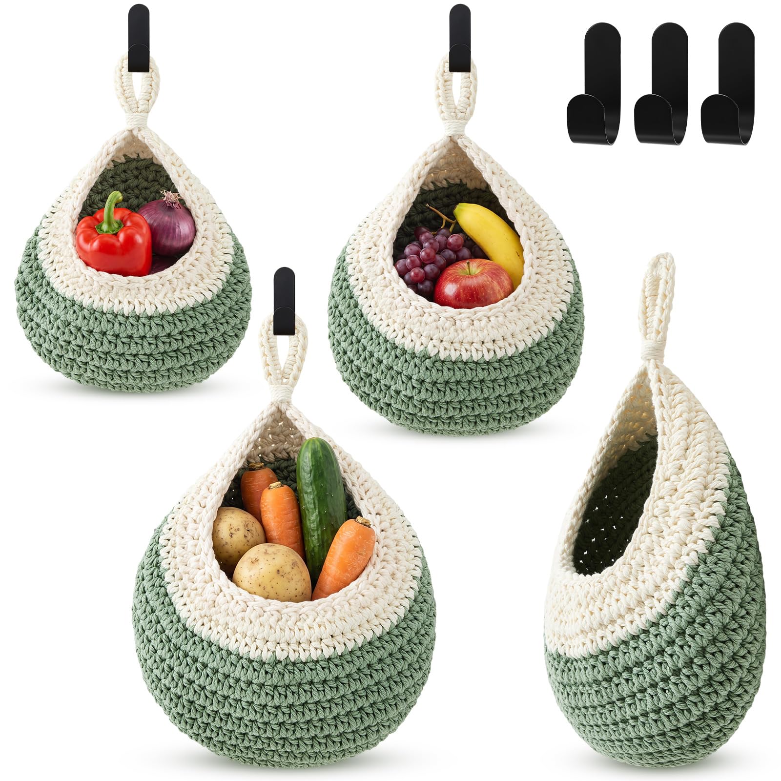 Honeydak 3 Hanging Baskets, Cream&amp;sage Green, Classic Teardrop