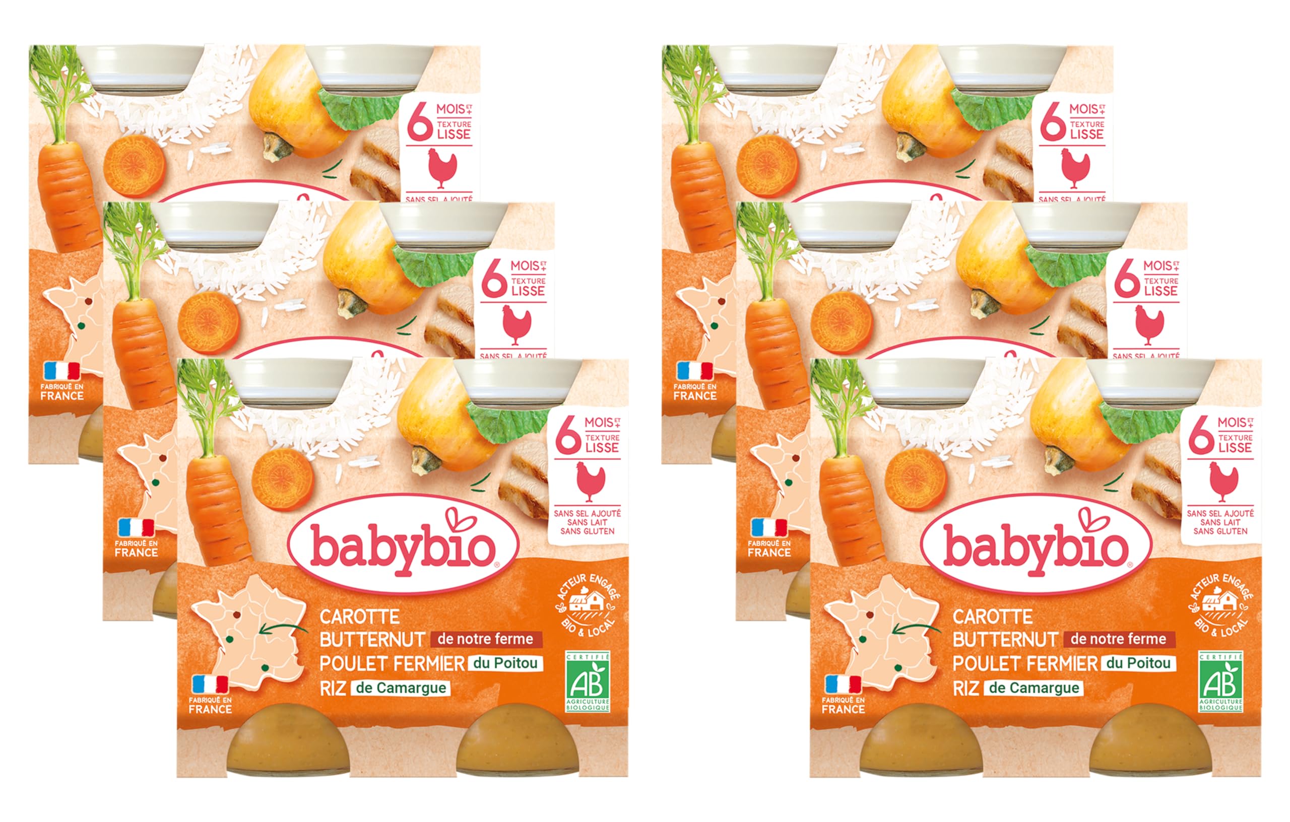 Babybio - Petits Pots Carotte Courge Butternut Poulet Riz 2x200g - 6+ Mois - BIO - Lot de 6