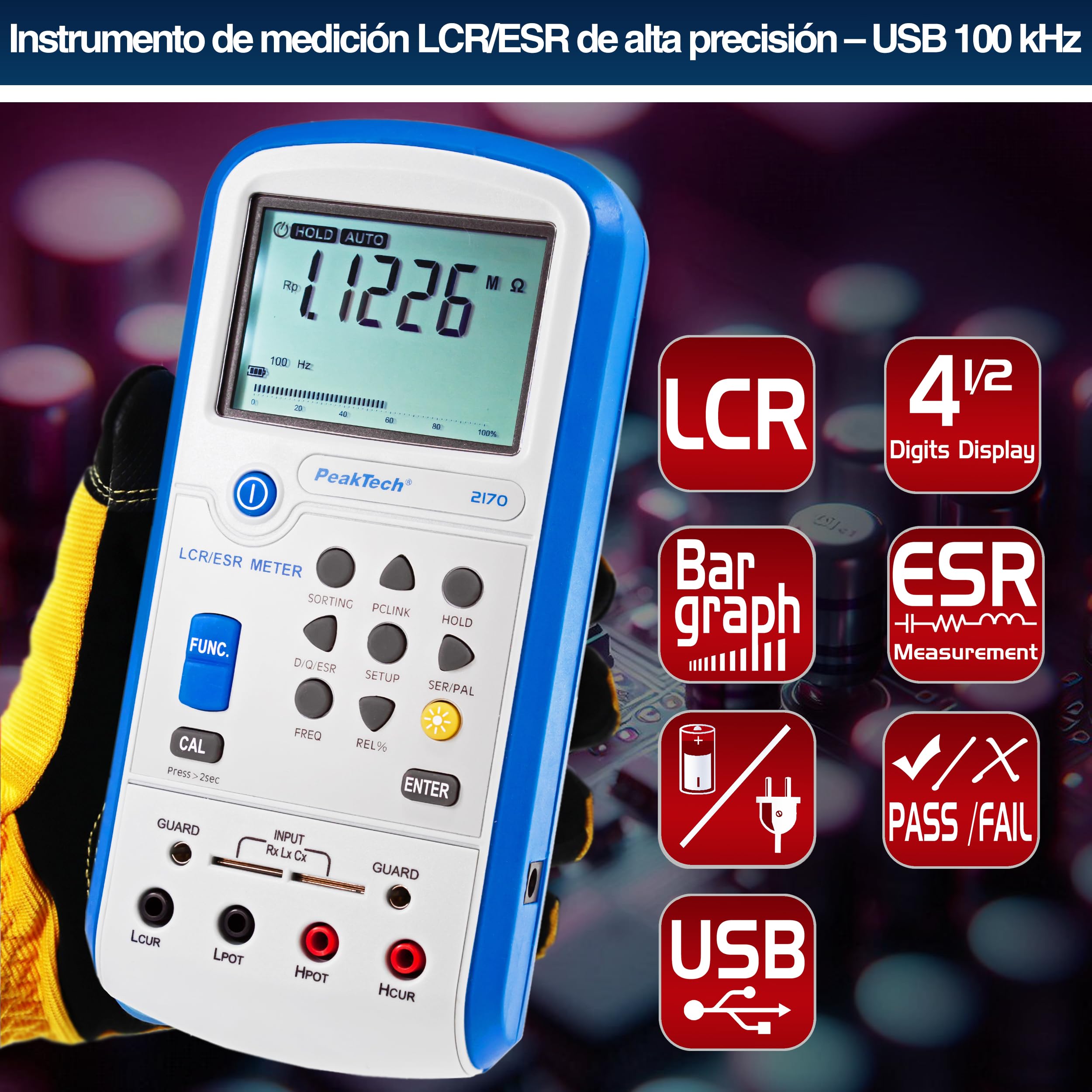 PeakTech 2170 - Medidor LCR, Dispositivo de Medición Esr con Usb, Incluido Software, Frecuencia 1/120 Hz, 1/10/100 Khz, Digital, Medición de Corriente, Pantalla LCD Iluminada, Gráfico de Barras