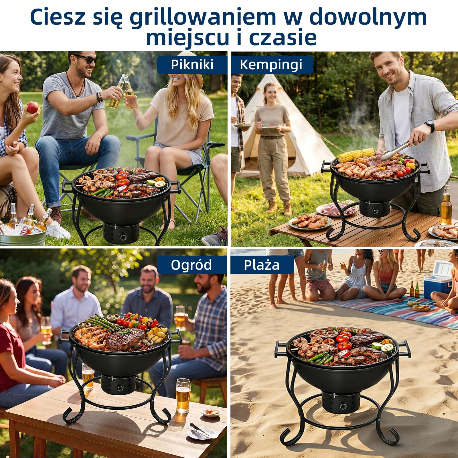 Grill na węgiel drzewny z regulowanym wentylatorem, przenośny grill kempingowy 18 cali, łatwy do rozpalania węgiel drzewny, mały grill stołowy grill kempingowy z pokrywką, do ogrodu, na kemping, na
