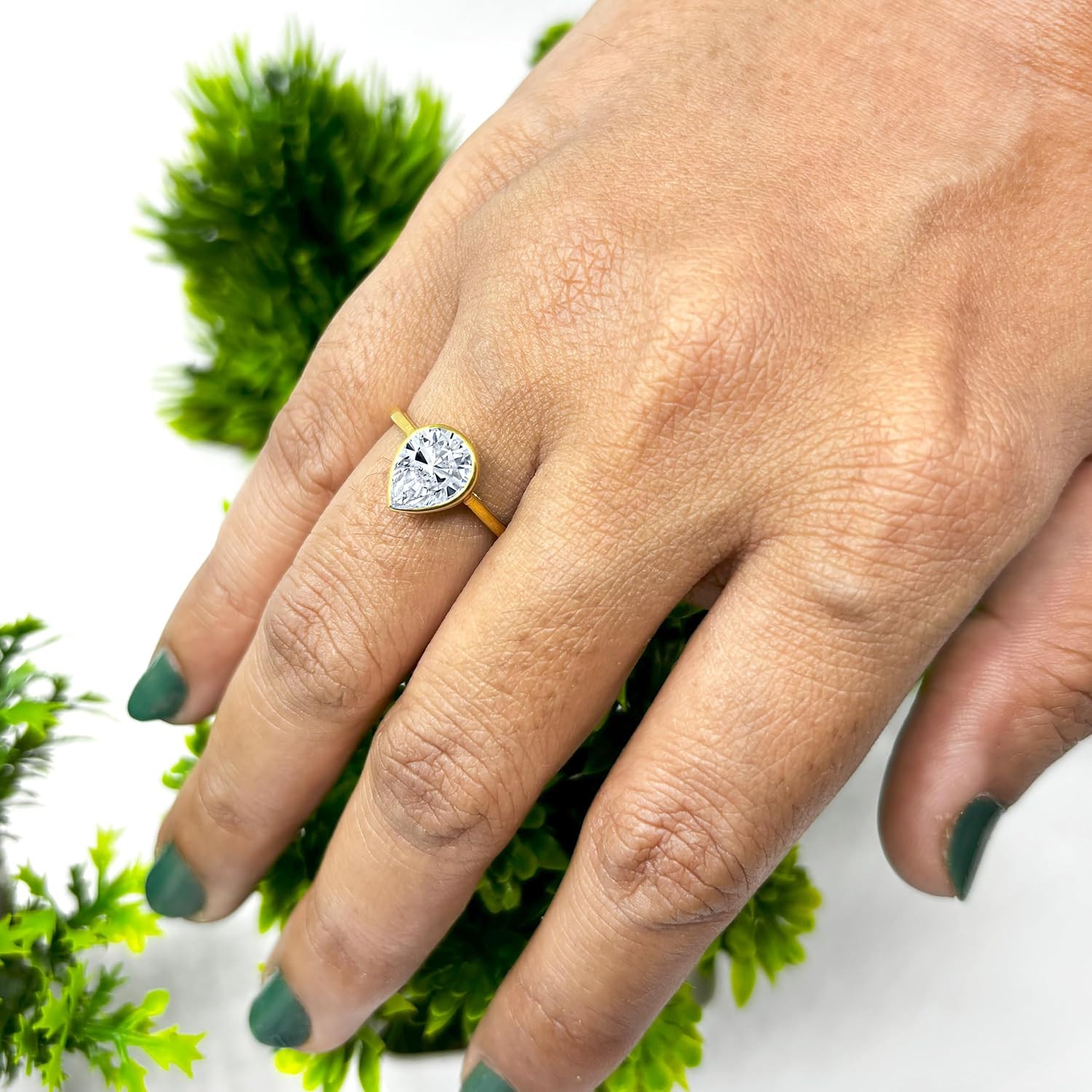 2 Carat Pear Cut White Diamond Bezel Set Solitaire Engagement Ring For Women, 14K Gold Plated 925 Silver Pear Shape White Diamond Bridal Solitaire Ring