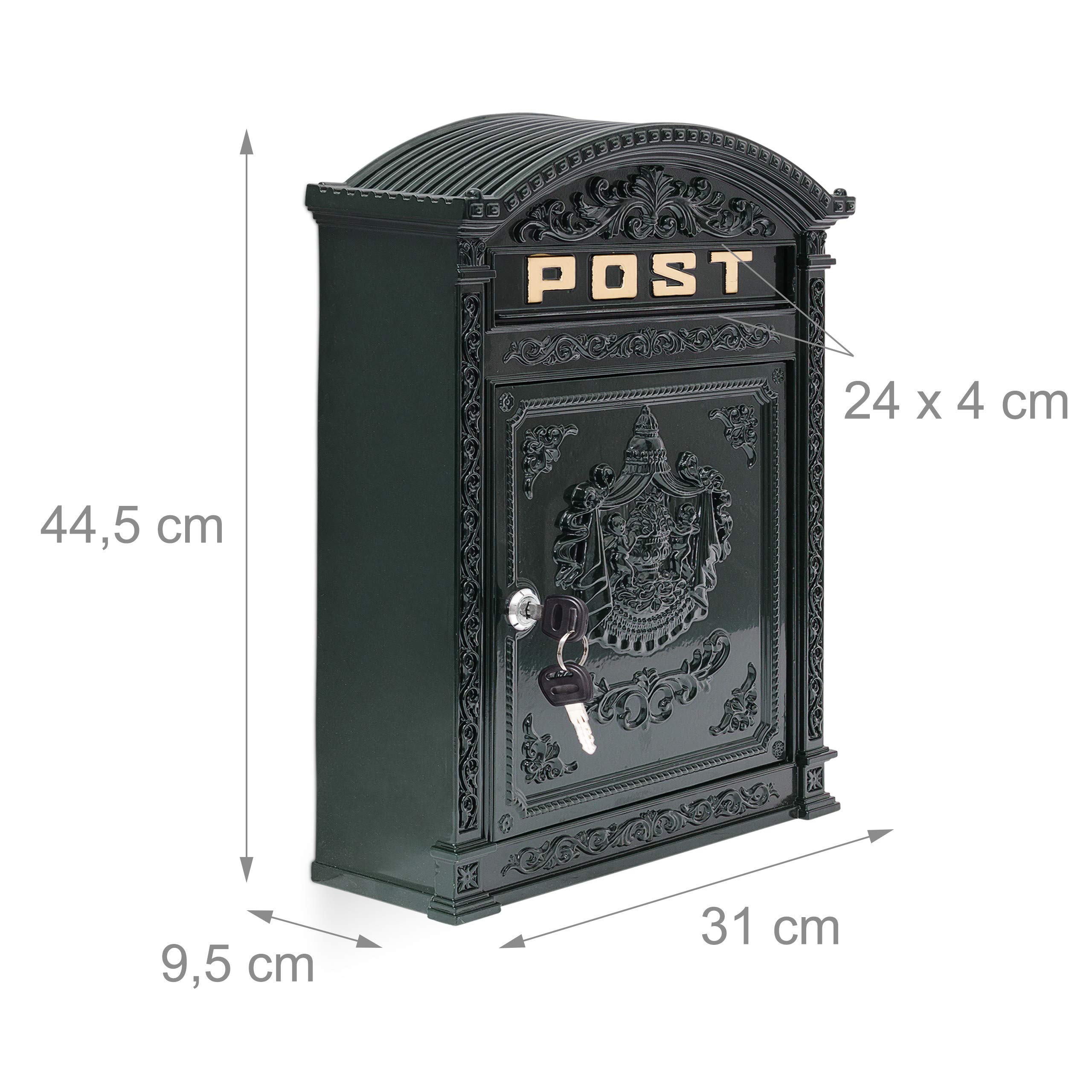 Relaxdays Cassetta delle Lettere, HLP: 44,5 x 31 x 9,5 cm, Design Antico con Scritta “POST”, Ampia Casella, Verde
