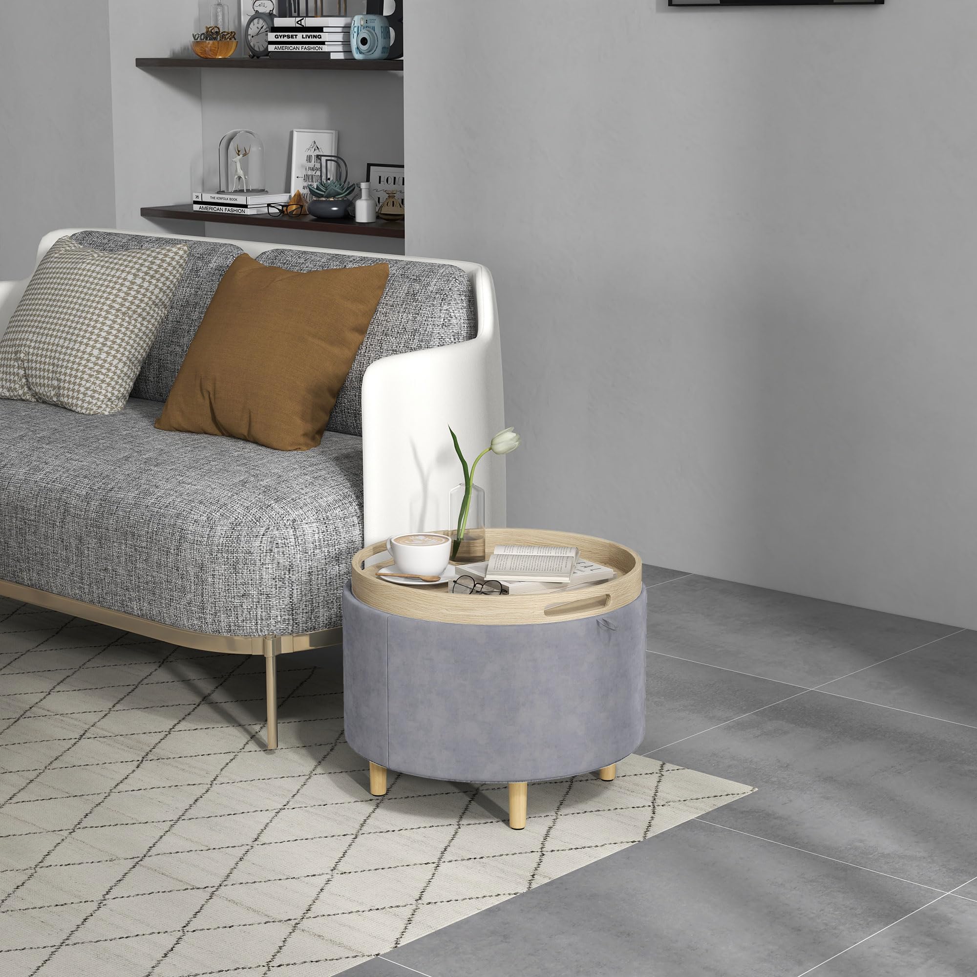 HOMCOM Pouf Contenitore in Tessuto Sherpa da 120 kg max con Vassoio a Ribalta, Tavolino da Caffè in MDF e Faggio con Spazio a Scomparsa, 56x56x42 cm, Grigio