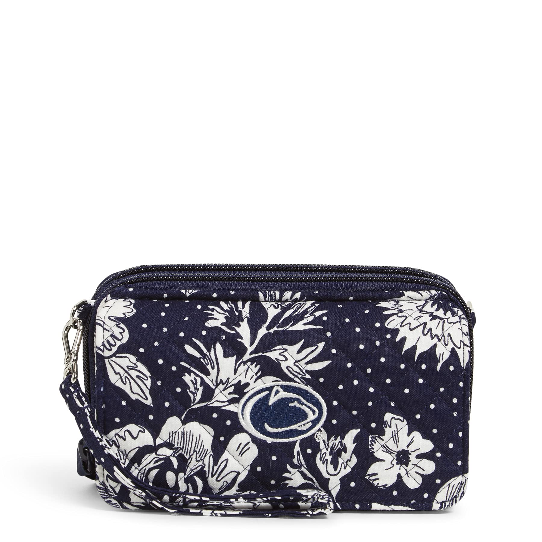 Vera Bradley Women's Cotton Collegiate All in One Crossbody Purse With RFID Protection (Multiple Teams Available), Penn State University Navy/White Rain Garden - Recycled Cotton, One Size